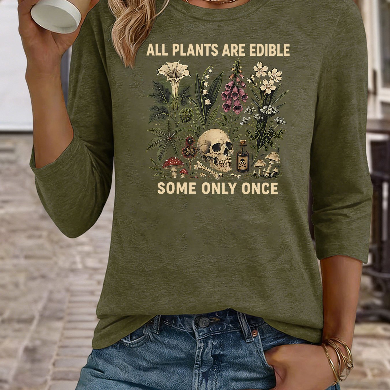 TEMU Women's 3/4 Sleeve Casual T-shirt, All Plants Are Edible Plant Skull Graphic Tee, Dark Botanical Cottagecore Loose Fit