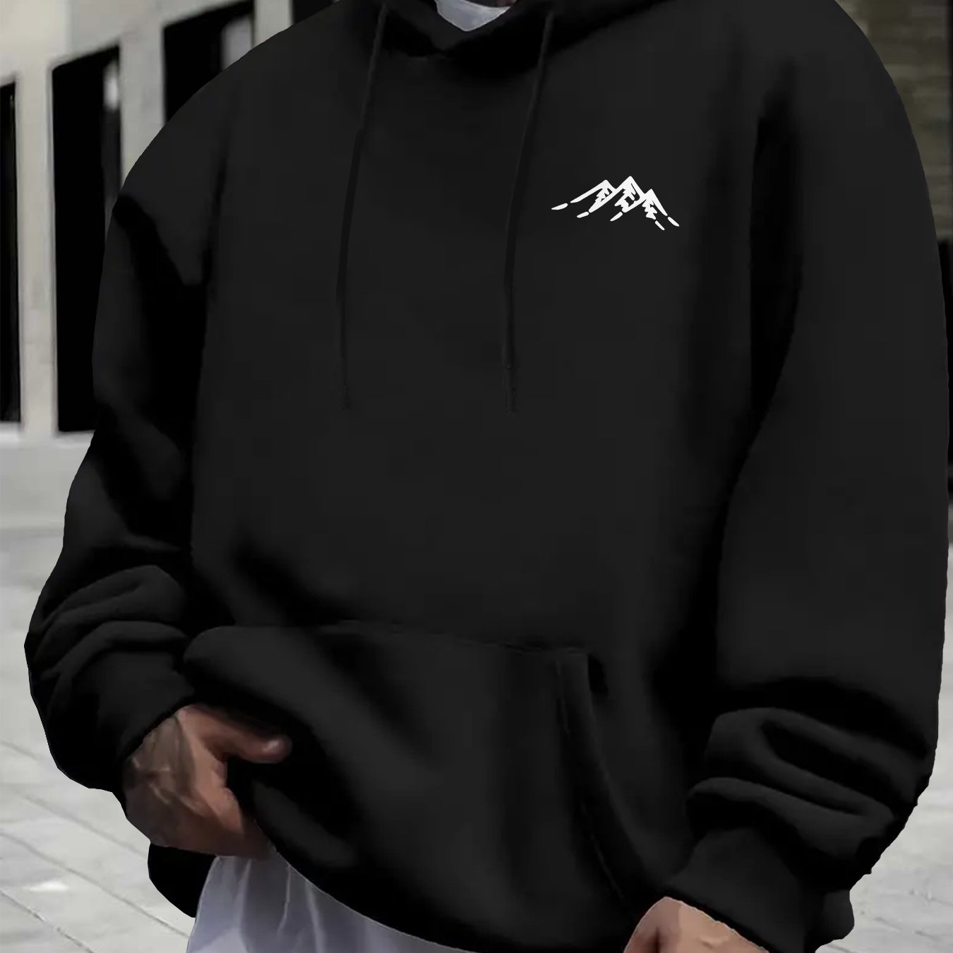 Image of A Cool Hoodie Featuring Mountain Print Elements, Designed For Men With A Casual Pattern, This Pullover Sweatshirt Includes A Kangaroo Pocket, Perfect For Street Fashion
