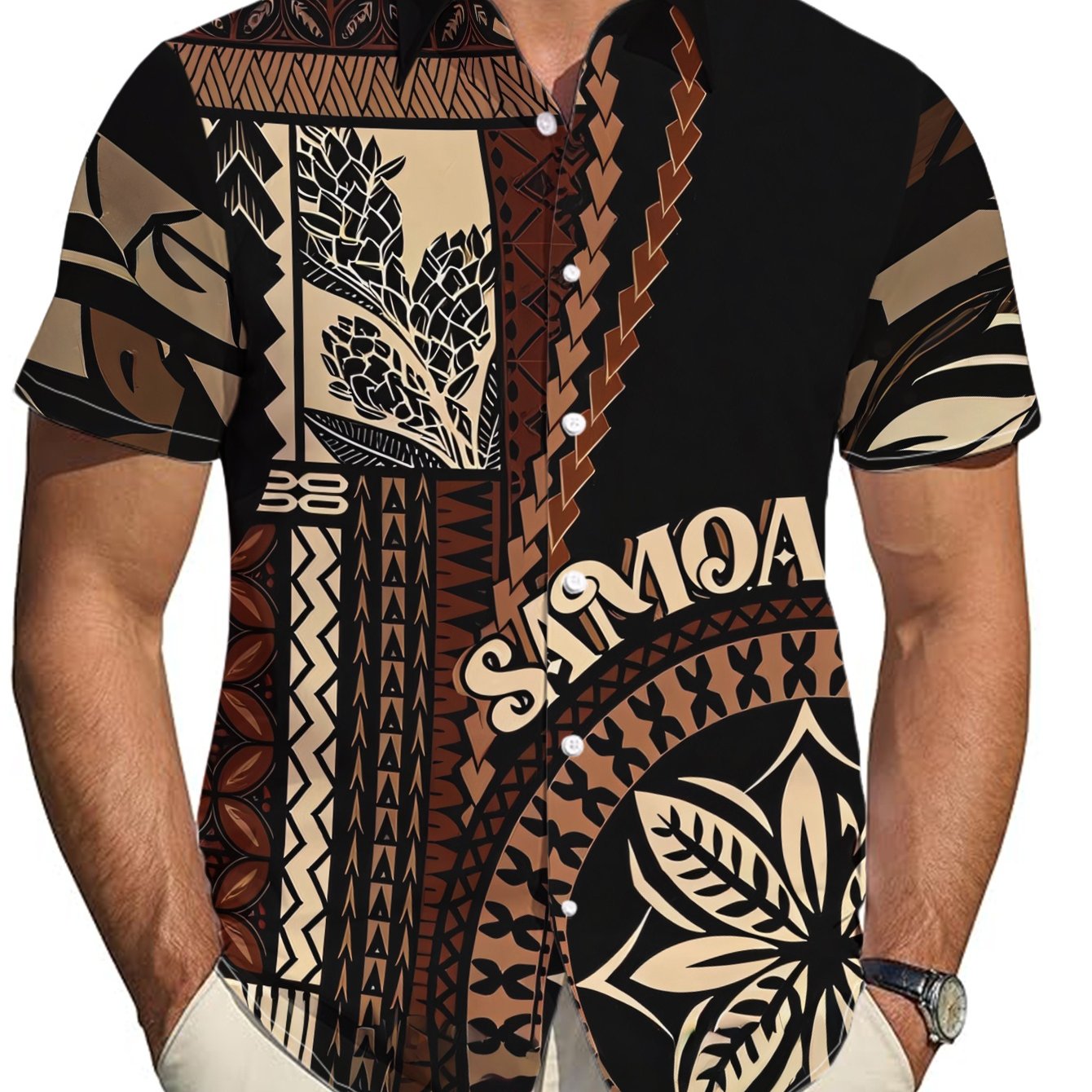 TEMU Men's Stylish Samoan Print Short-sleeve Shirt, Summer Trend Breathable Polyester Casual Top. Machine Washable For Daily Leisure And Travel