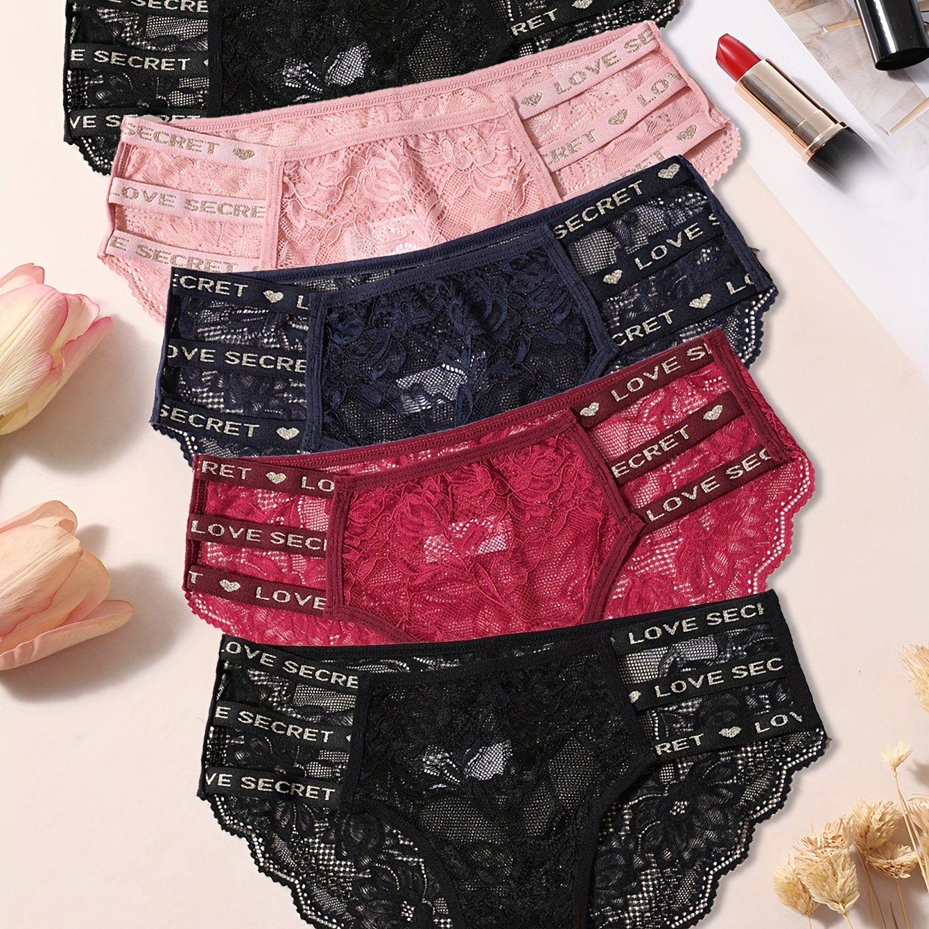 Image of 5-pack Elegant Women's Low-rise Bikini Panties, Floral Lace Trim, Heart Letters Pattern Waistband Underwear