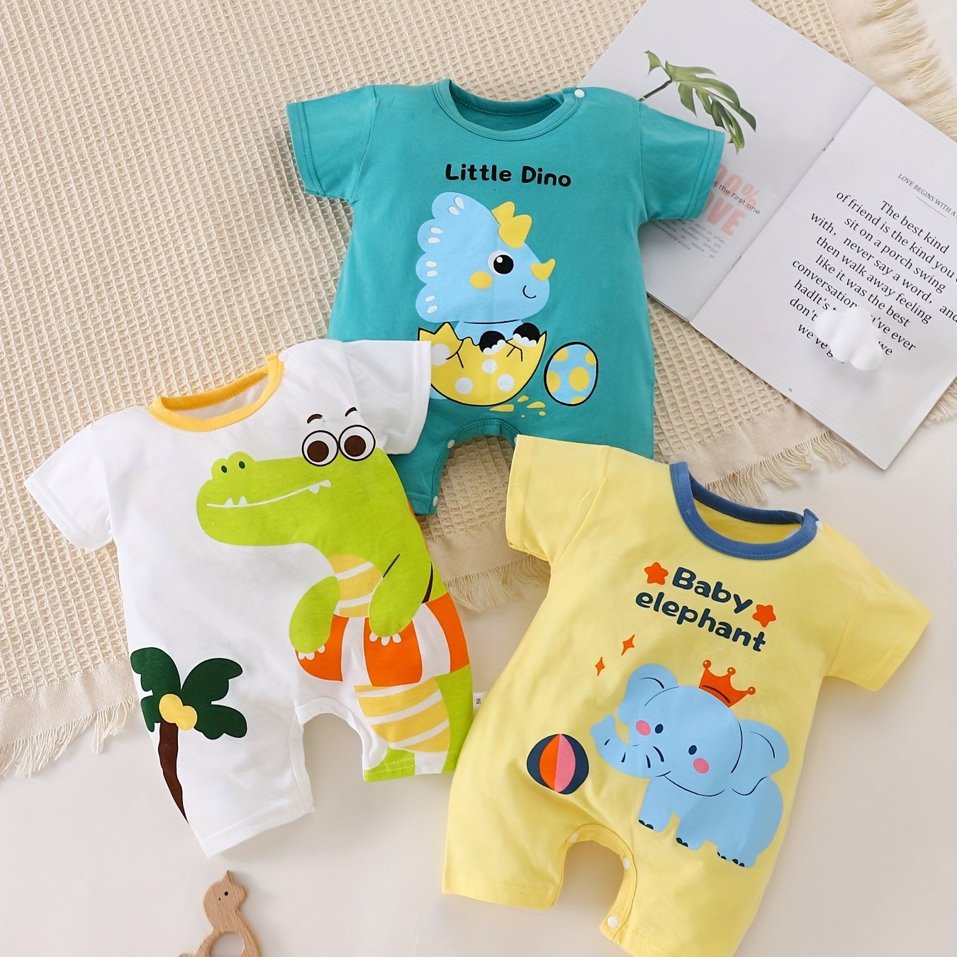 Image of Set Of 3 Baby Boy Onesies For Summer 2025, Featuring Stylish And Casual Designs With Cute Dinosaur, Elephant, And Crocodile Animal Prints In Short Sleeves, For Outdoor