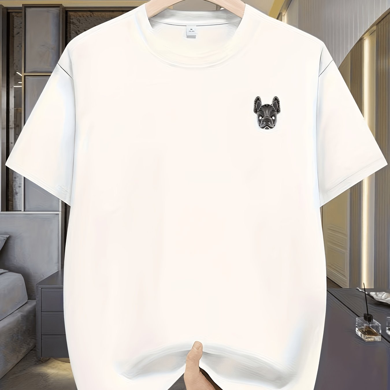 TEMU 이지 프렌치 불독 블랙 반팔 티셔츠, 라운드넥 루즈핏, 여름 스킨프렌들리 통기성 원단, 모조 자수, 깔끔하고 섬세한 디자인, 남녀공용 캐주얼 다용도 상의, 데일리 출퇴근에 적합