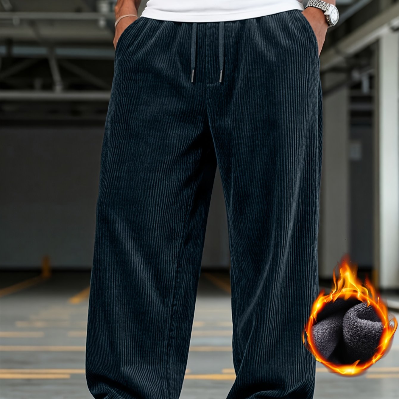 TEMU Autumn Winter Fleece Warm Men's Casual Trousers, Heavyweight Corduroy Fabric, Soft And Warm, Winter Men's Long Pants, Autumn Winter Warm
