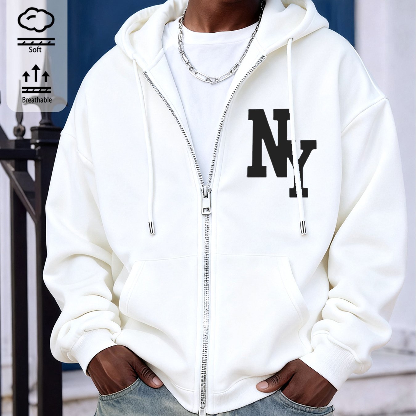 Men's Fall/winter Zip-up Hoodie With Urban Streetwear Print, Casual And Comfortable Oversized Fit For Versatile Styling
