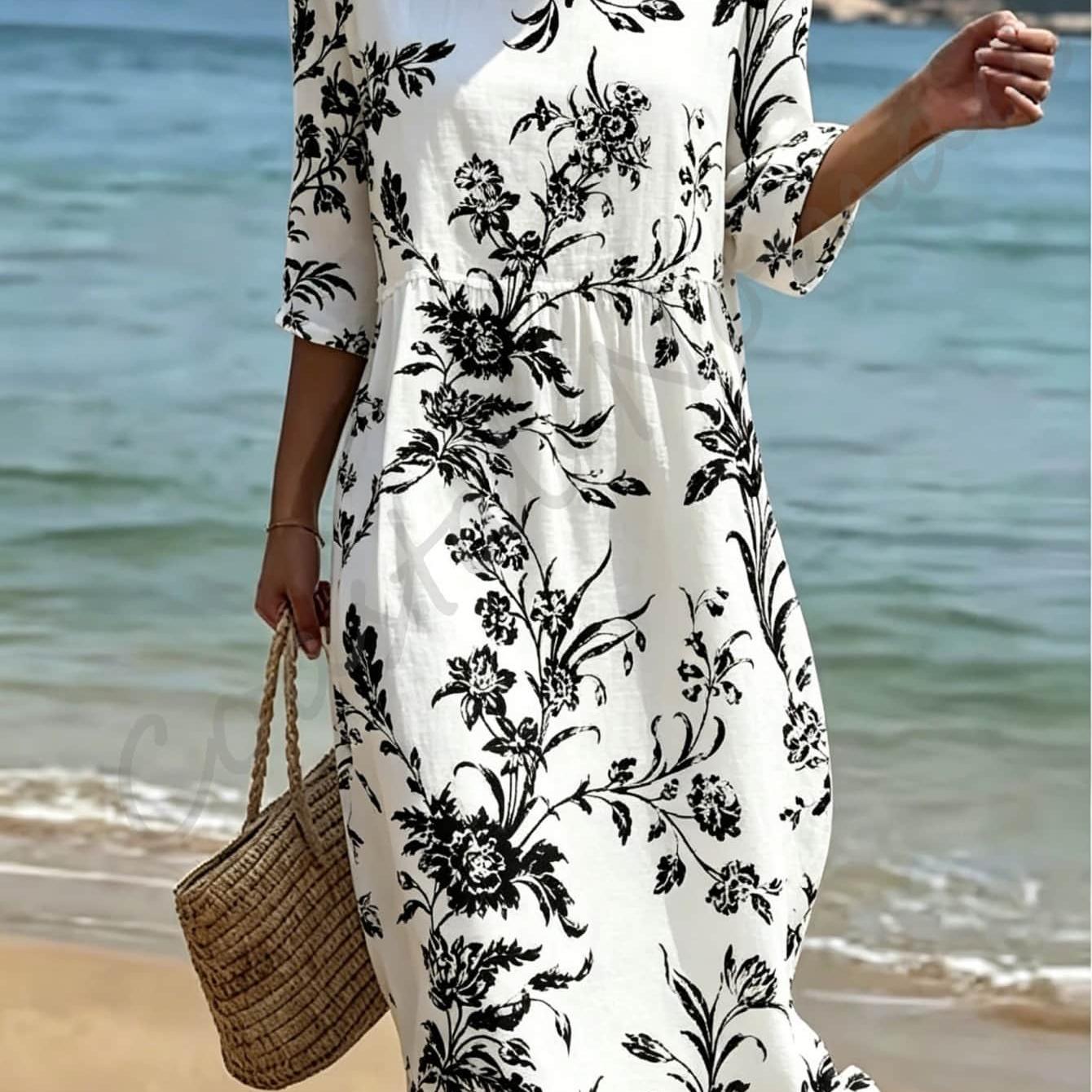 Plus Size Black Floral Vine Print Dress For Women Casual 3/4 Sleeve Crew Neck Loose Midi Dress, Lightweight Dress For Beach