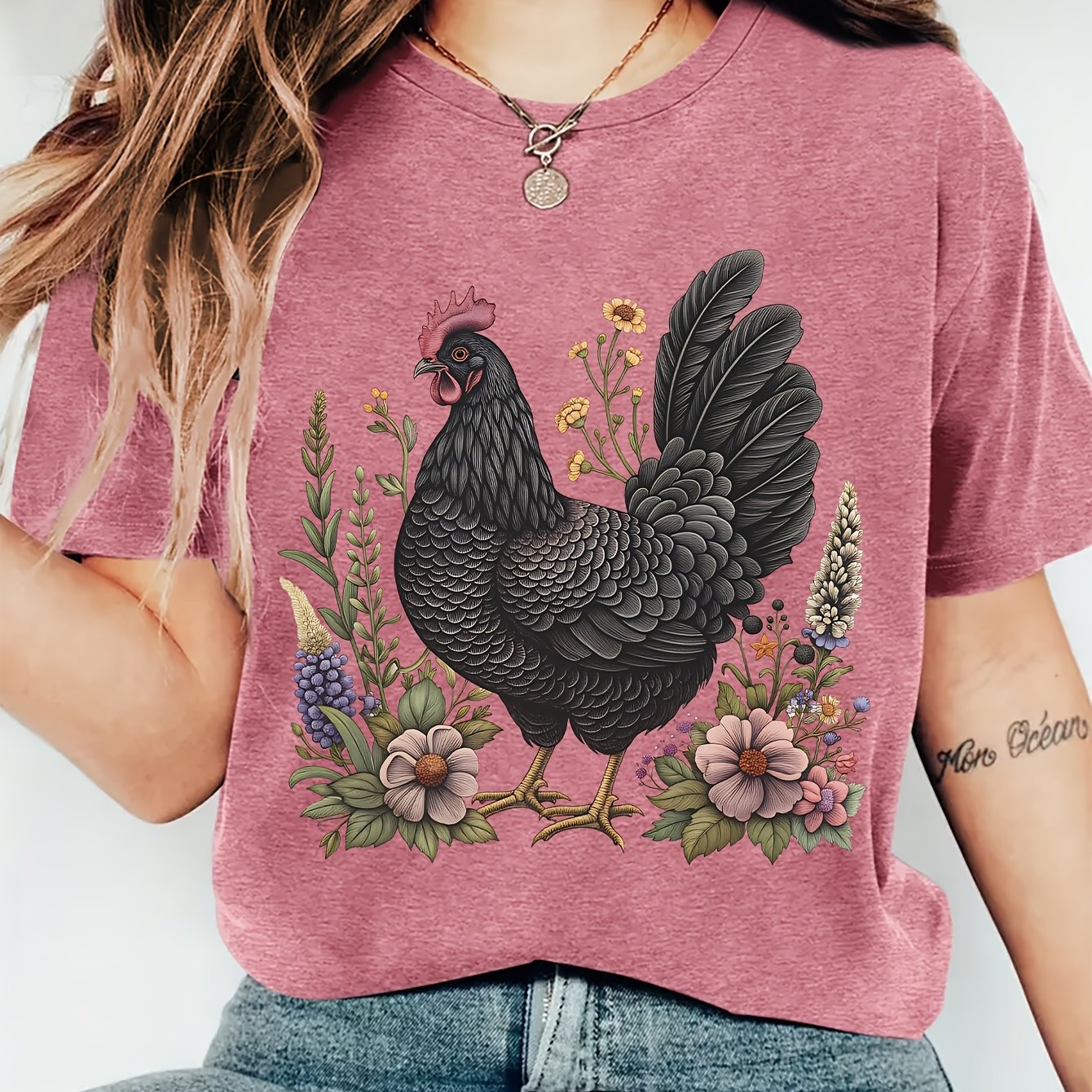 TEMU Women's Summer Clothing Black Rooster With Floral Plant Print Round Neck Short Sleeve T-shirt, Comfortable Soft Fashion Elegant Party Vintage