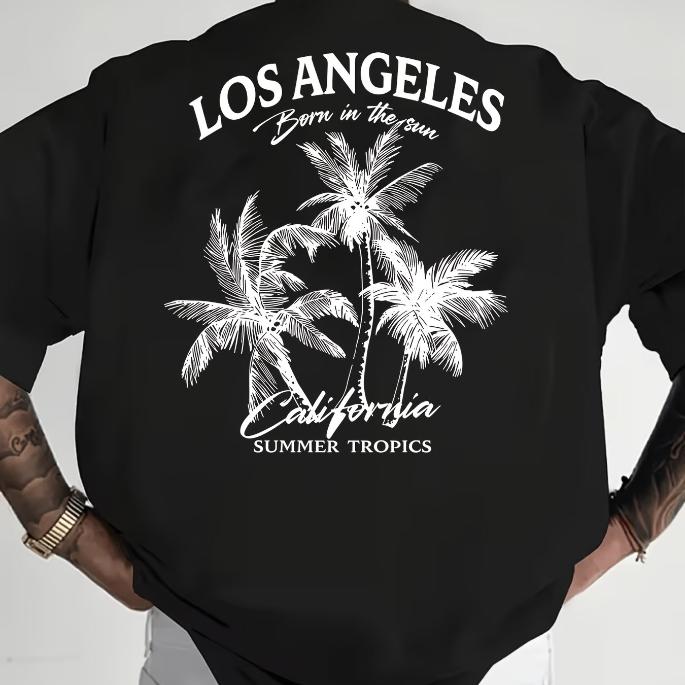 TEMU Plus Size Men's Casual Trendy T-shirt, Street Style California Coconut Tree Vintage Print, Relaxed Loose Fit, Vacation Vibe, American Trendy