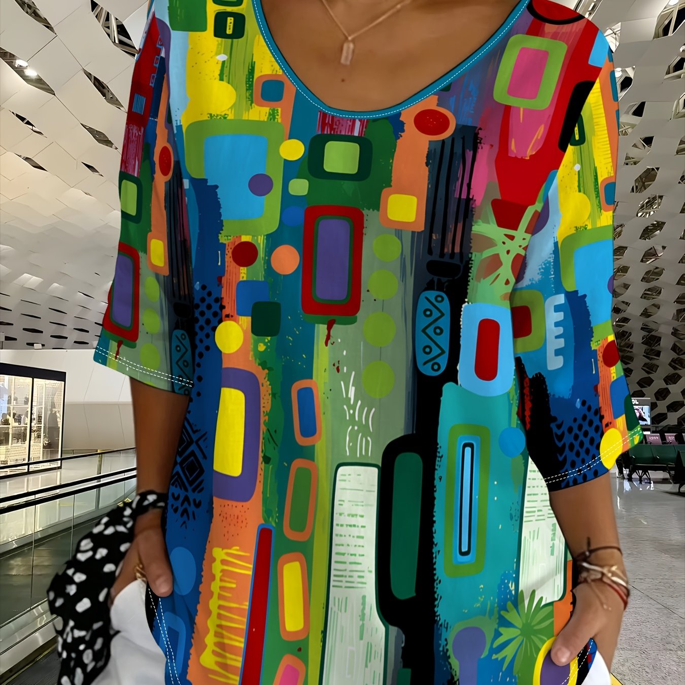 TEMU Plus Size, Plus-size Women's Top, Vibrant Abstract Art Print, For Daily Casual Wear, Stylish And Comfortable, With A Unique Floral