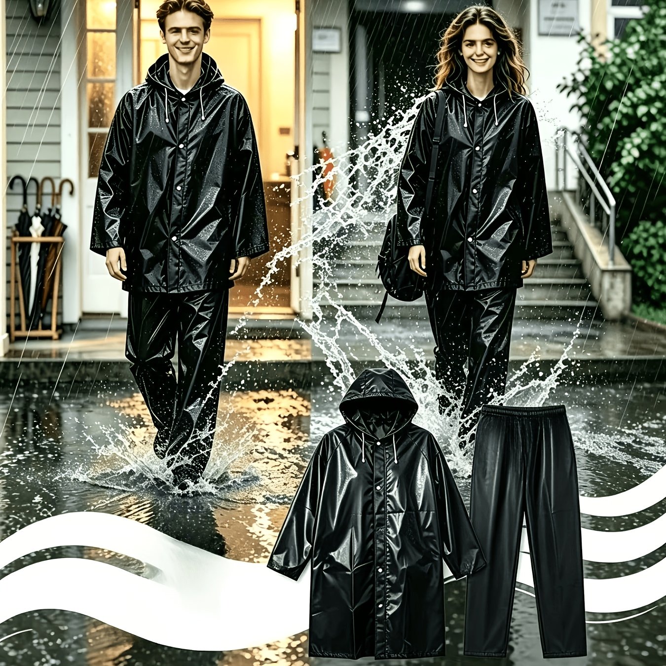 TEMU Men's And Women's Black Raincoat Jacket And Pants, High Quality Rain Gear, Suitable For Camping,, Cycling, And Daily Outdoor Use