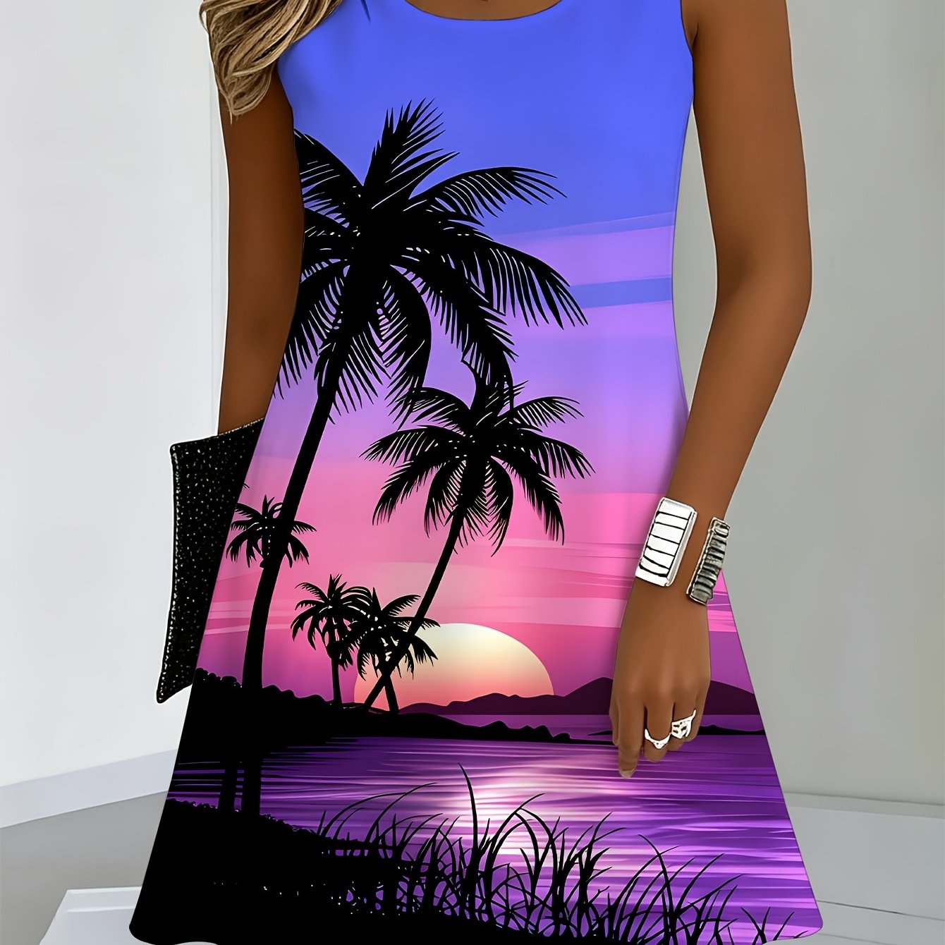 TEMU New Summer Women's Clothing, Purple- Tree Sunset Sleeveless Dress, Vacation-style Short Dress, Sleeveless Casual Short Dress, Outdoor Short