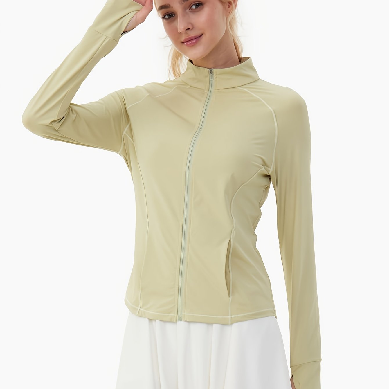 Image of Women's Plus Size Viscose Cool Feeling Thumb Hole Sports Jacket, Zipper Collar With Pockets Sunscreen Breathable Sports Coat, High Elasticity Quick-drying Skin-friendly Outdoor Sports Yoga Coat