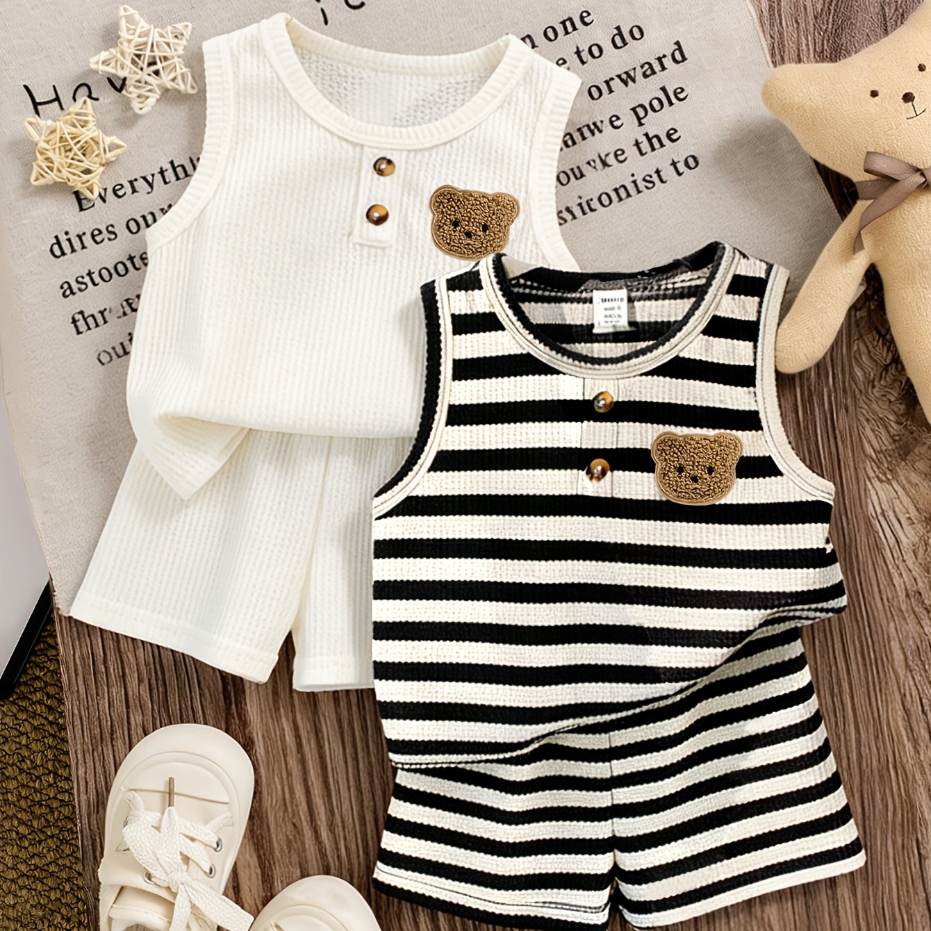 Image of 2 Sets (4pcs) Boys' Summer New Style Solid Color And Striped Waffle Knit Cute Bear Patch Half-open Crew Neck Vest And Solid Color Shorts Casual Fashion Set, Perfect For Outdoor,christmas,halloween