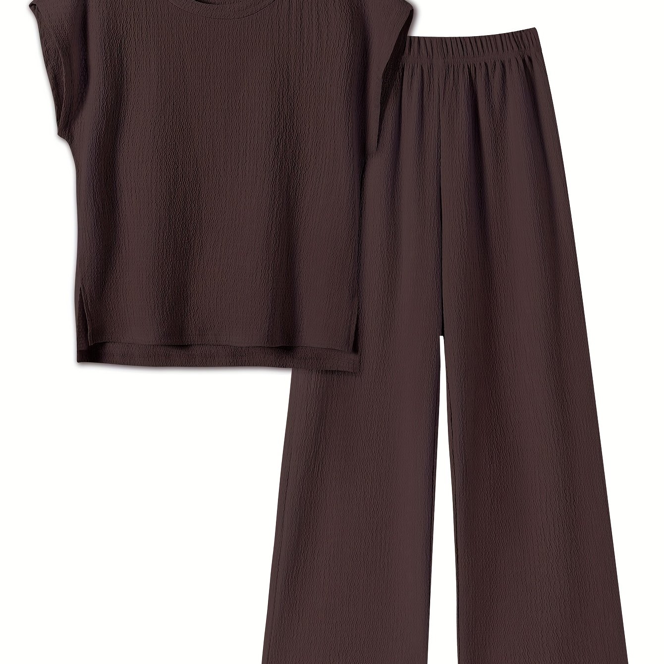 Women's 2pcs Homewear Set: Fashionable Textured Simple Raglan Sleeve Crew Neck T-shirt And Straight-leg Casual Long Pants