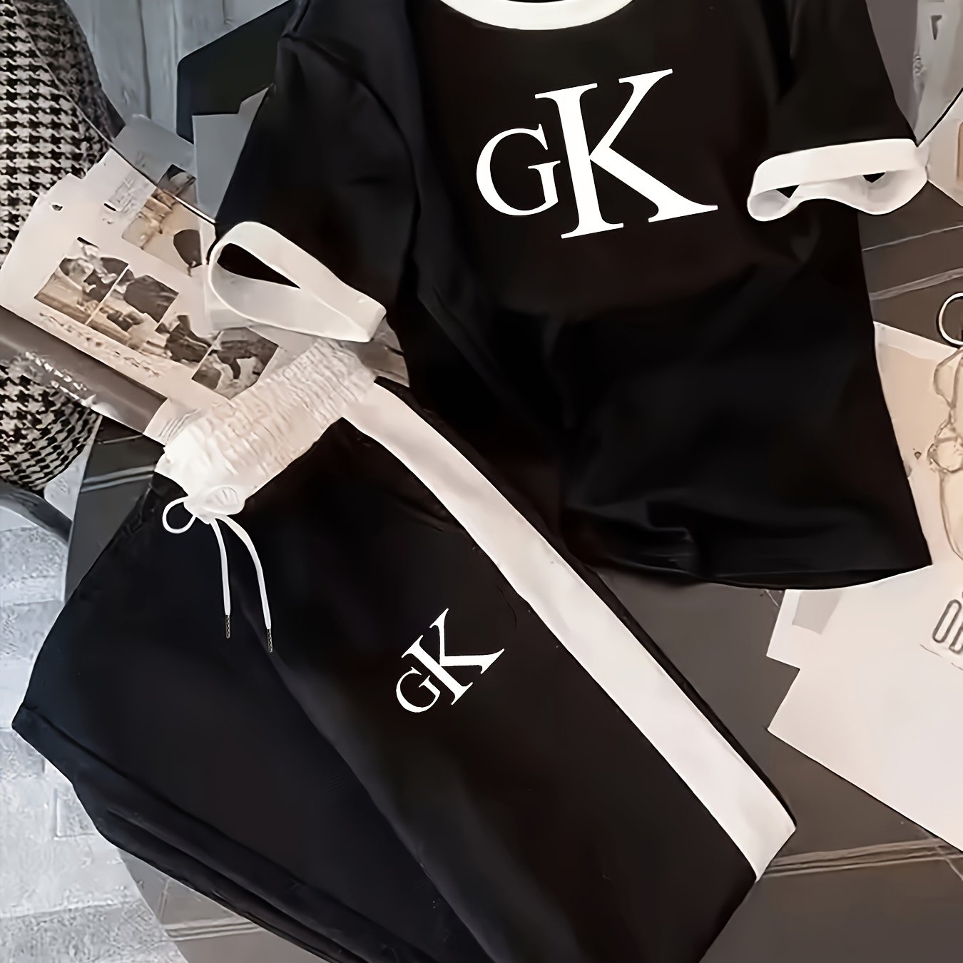 TEMU Letter Logo Style: Gk Letter T-shirt And Long Pants Set For Women, Loose Fit 2pcs Set, European And Women's Set, Spring/summer Short Sleeve