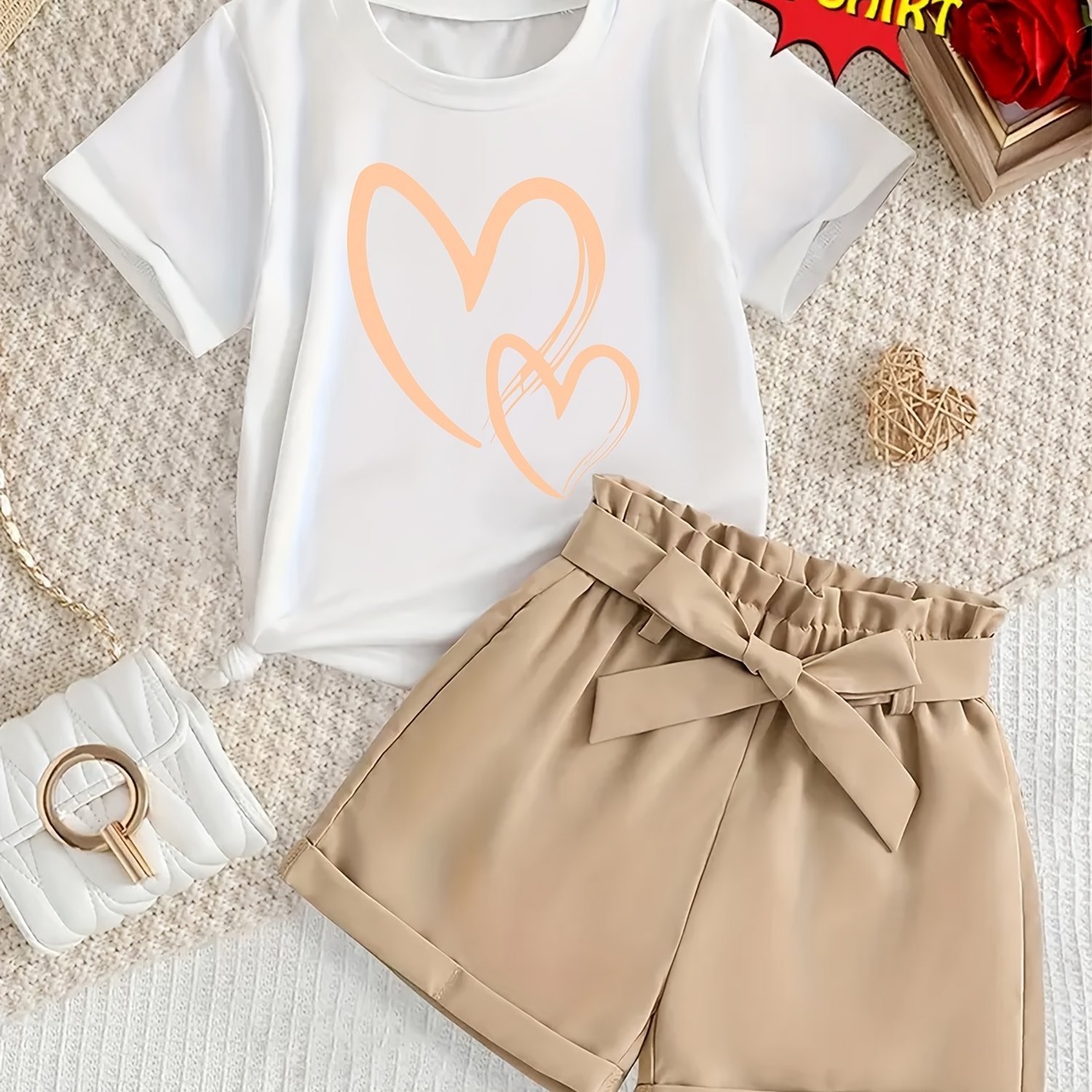 Image of Girls' Single-piece White Casual Printed T-shirt With Cartoon Heart Pattern, Comfortable Fabric, Simple Spring And Summer Daily Wear And Casual Outfit, Suitable For Outdoor Activities
