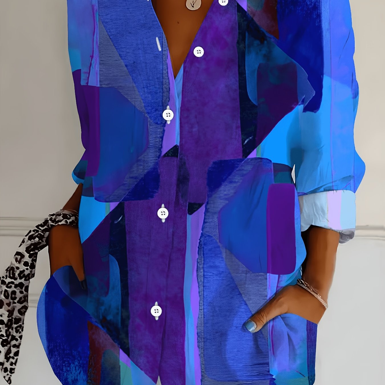TEMU Women's Blue-purple Button-up Shirt - Collar Suitable For , Machine Washable Non-stretch Button-front Top, Elegant Casual Office Wear & Layering