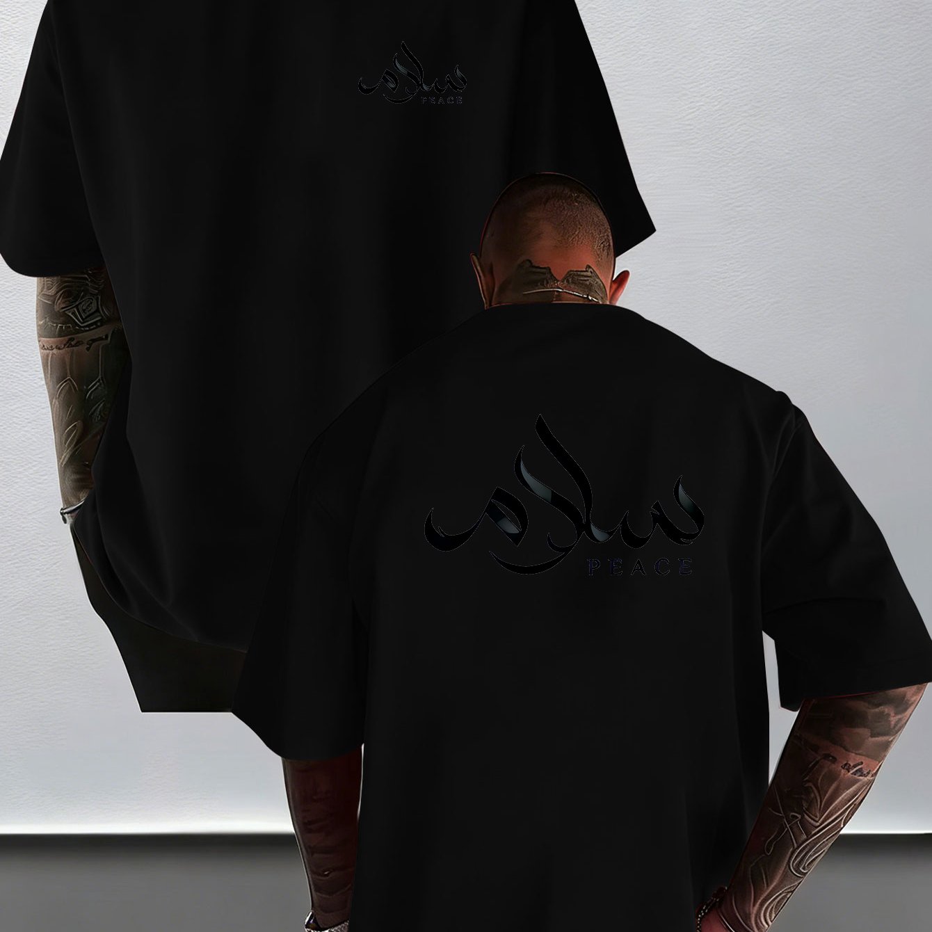 TEMU Trendy Brand Creative , Peace Arabic Art Letter Print T-shirt, Exotic Style, Niche And Stylish, Men's Summer Fashion Short Sleeve T-shirt, Front