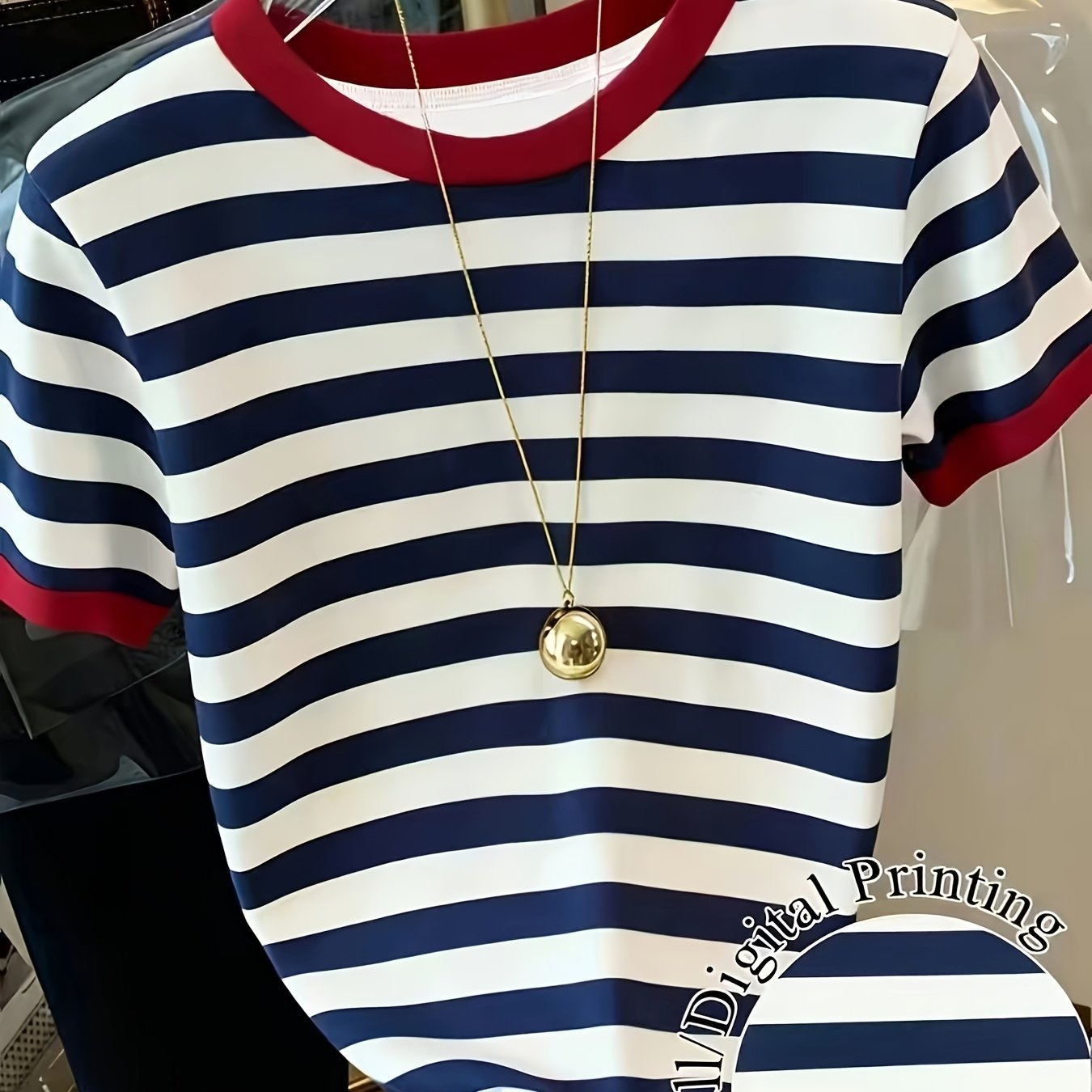 TEMU T-shirt à manches courtes pour femmes, imprimé rayé bleu et blanc, col rond, coupe slim, vêtement de sport pour femmes, mode, polyvalent
