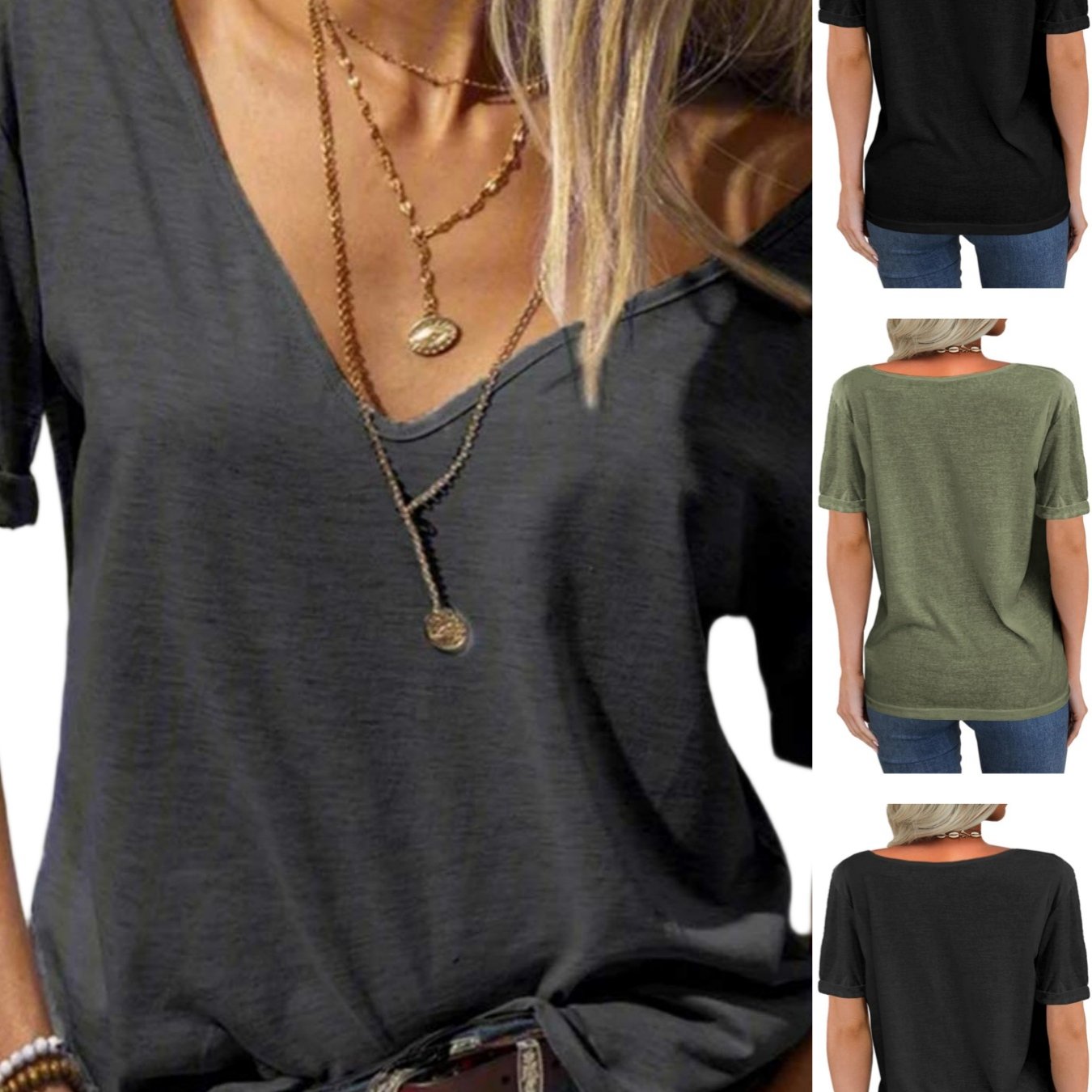 Image of Casual Loose -shirt For Women, Featuring A Deep V-neck And Short Sleeves, Perfect For Summer Wear
