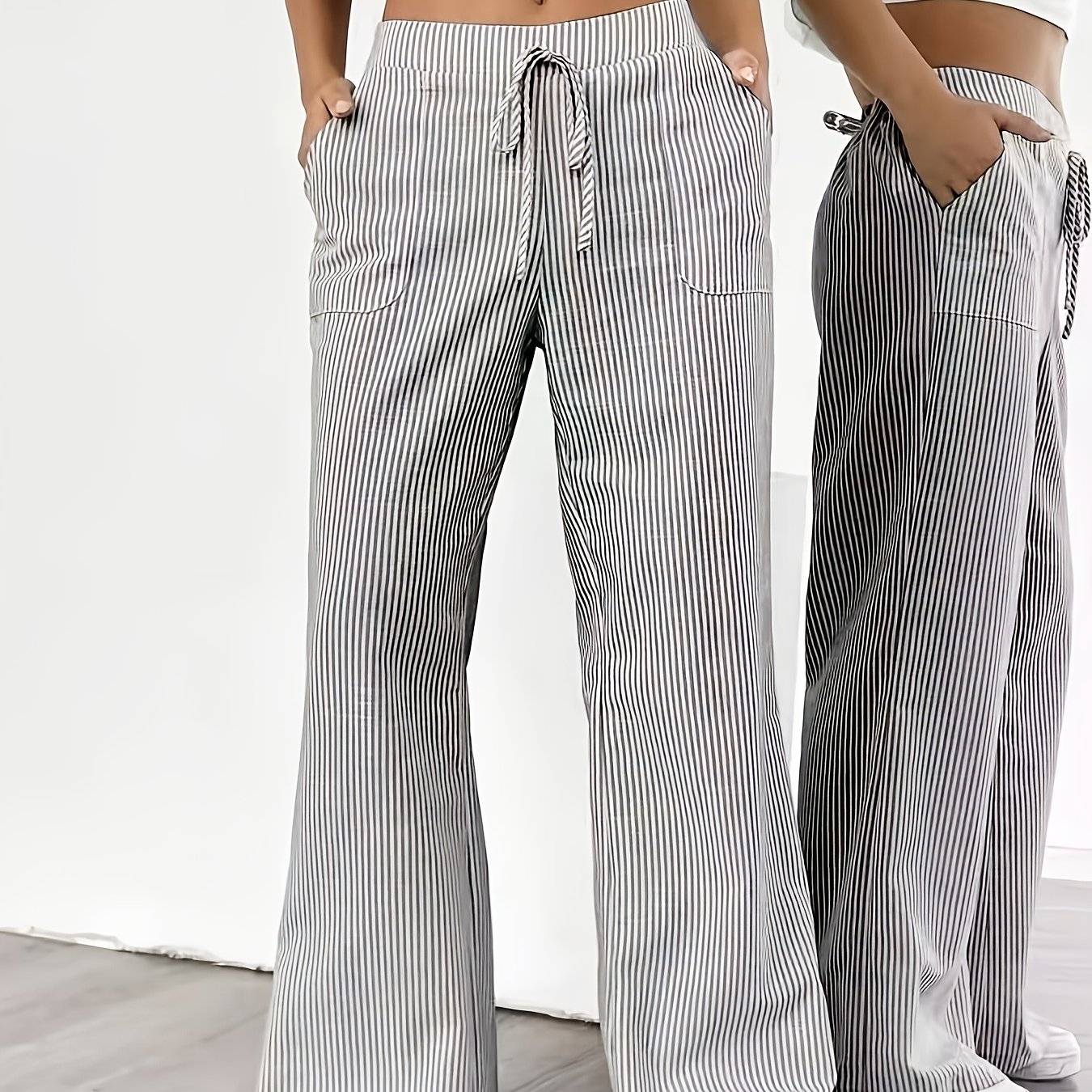 TEMU French Striped Flared Pants, Elastic Drawstring High-waist Pocket Lightweight Casual Trousers, Drawstring Waist Breathable Feel Pocket Casual