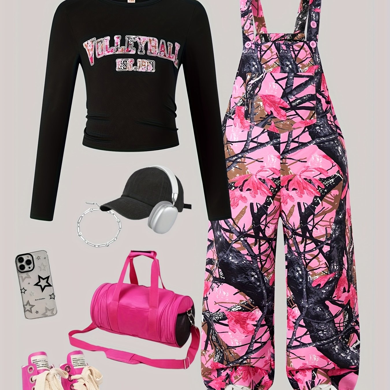 TEMU Back-to-school Girls' Clothing - Autumn 120-160cm Casual Letter Print Slim Fit Long Sleeve & Plant Print Pocketed Overalls Set