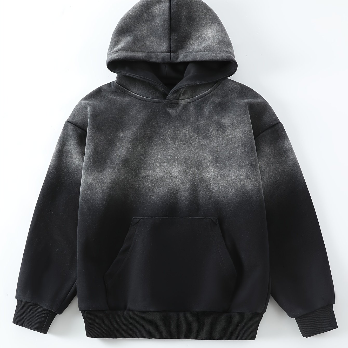 Image of Boys' Autumn/winter Thickened Washed Hoodie, Vintage Distressed Gradient Black-gray Hooded Sweatshirt, Long Sleeve Kangaroo Pocket Pullover, Warm Streetwear Hip-hop Casual Top For Children And Teens