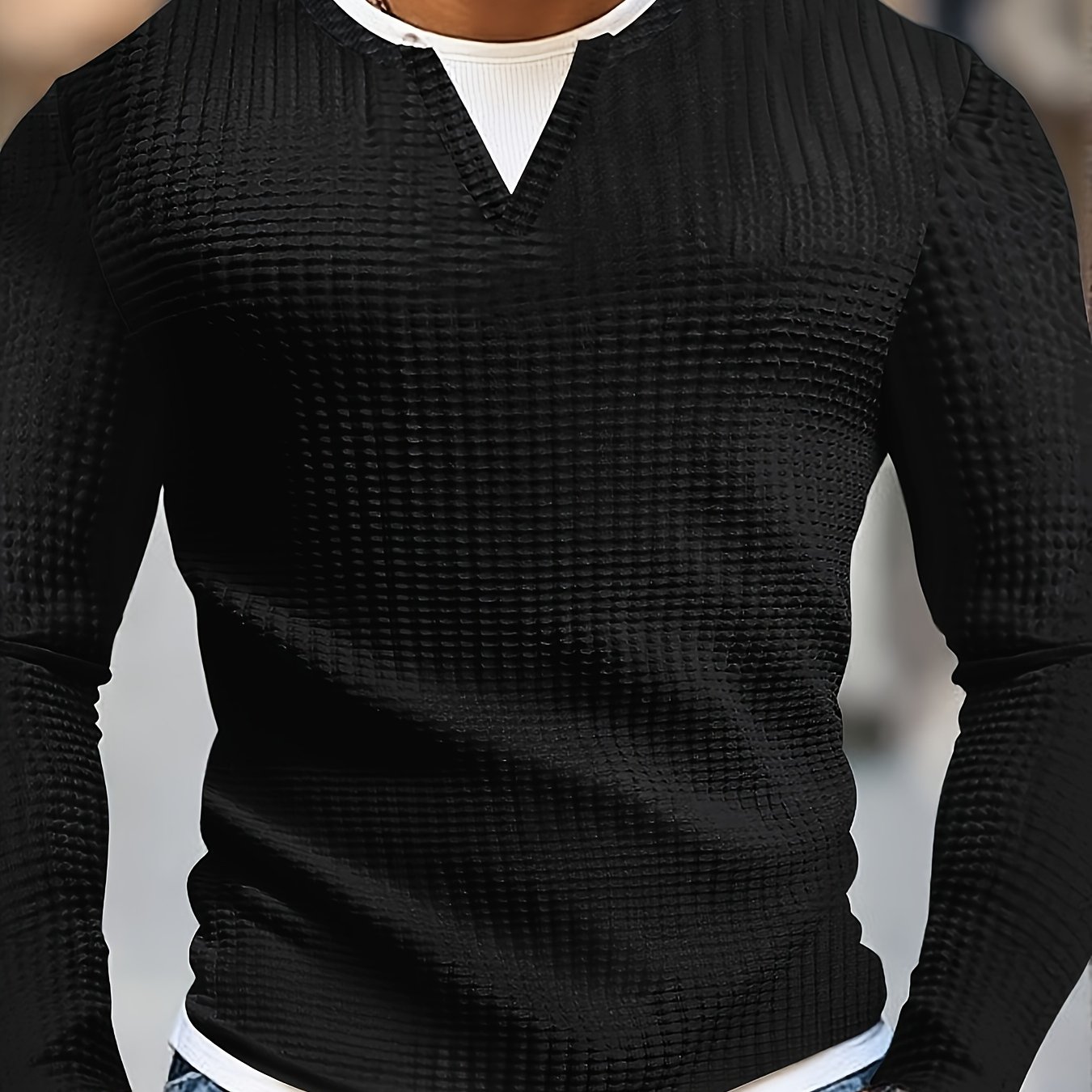 E-shop Herrenmode Herren Oberteil, Herbst Winter Lässiges Waffelstoff Rundhals Langarm Herren Henley Shirt