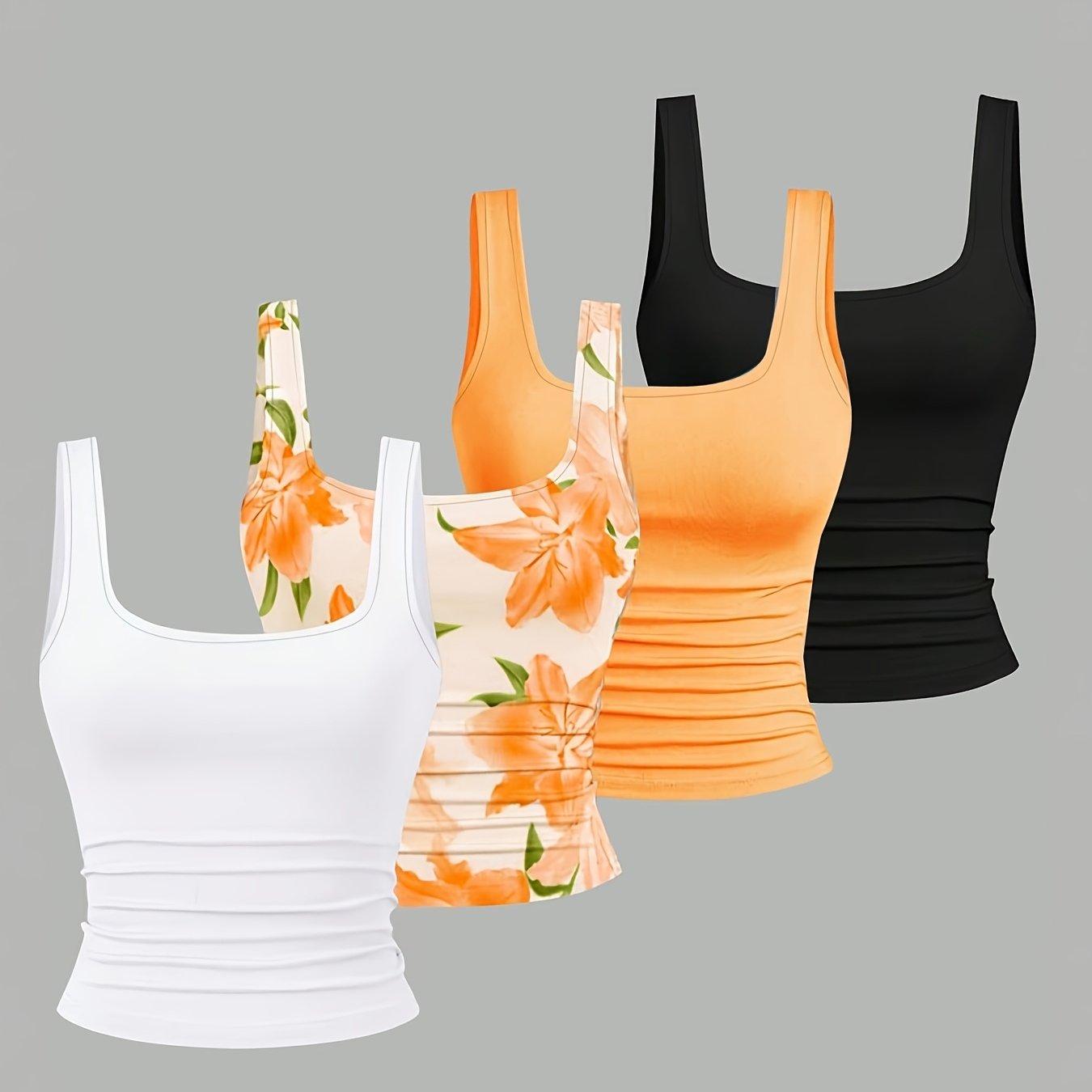 TEMU 4pcs Women's Casual Square Neck Pleated Cami Tank Tops, Summer Style