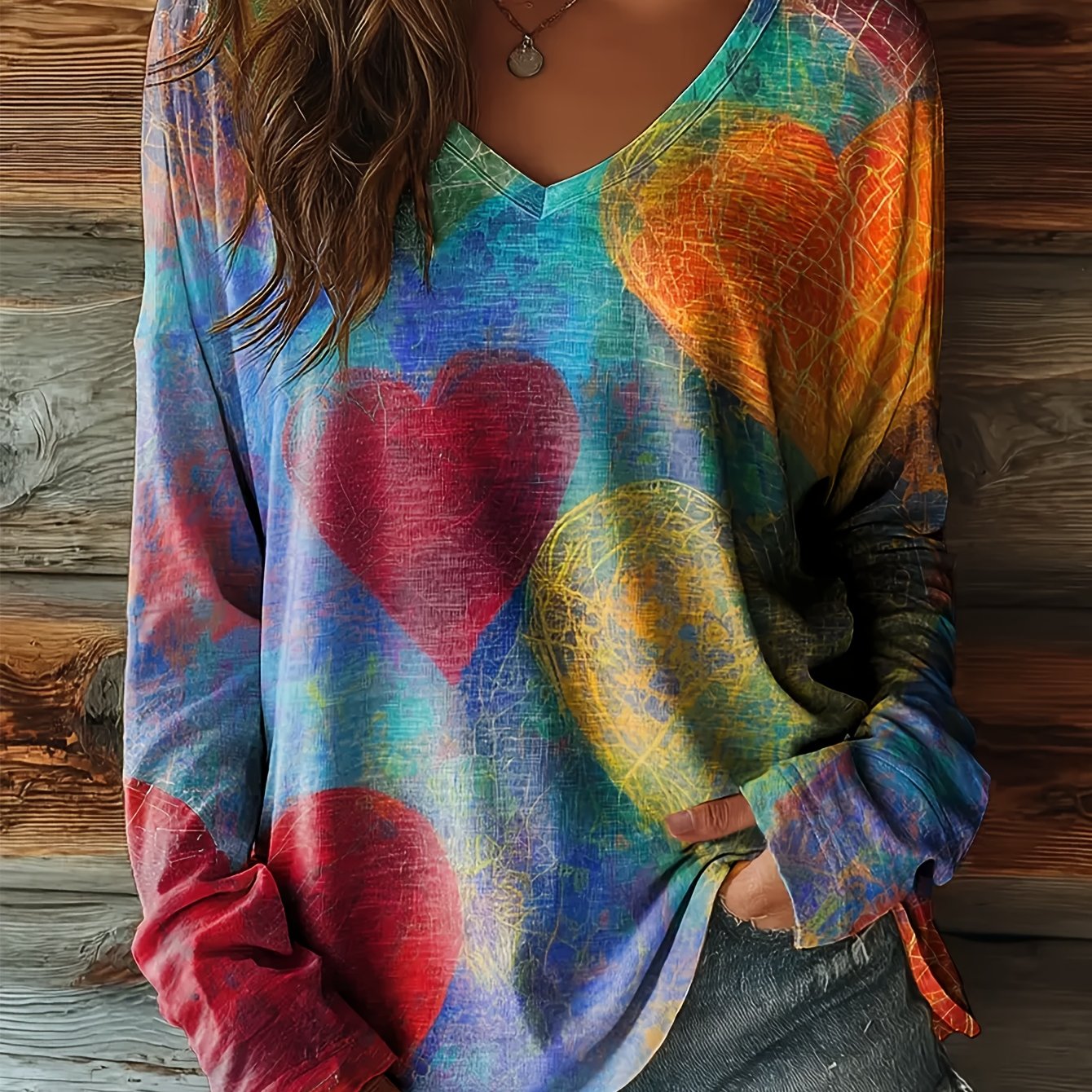 TEMU Spring And Summer Casual Retro Oil Painting Style Love Print Women's Versatile Suitable For Daily Home Shopping V-neck Women's Top T-shirt