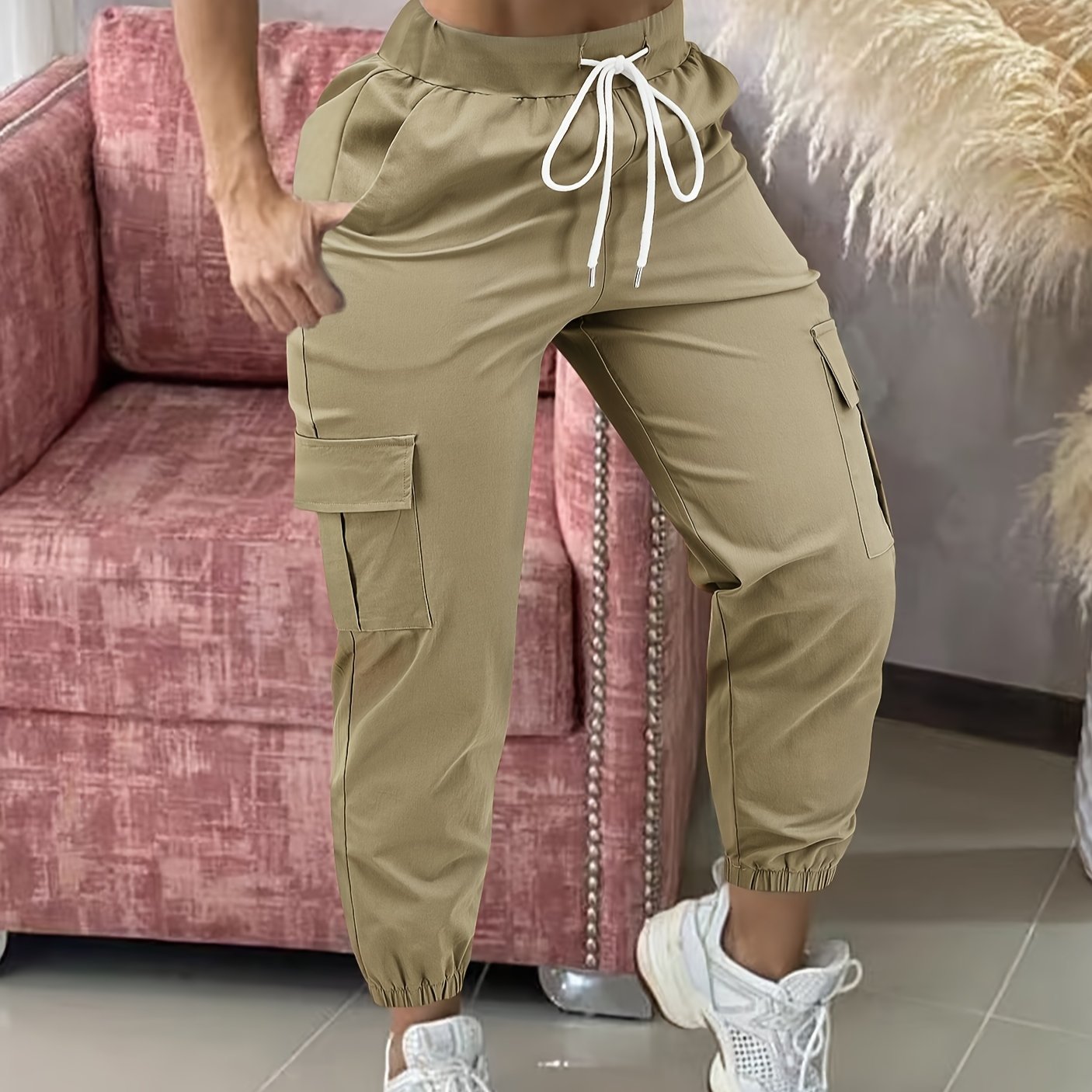 TEMU Women's Casual Cargo Pants With Drawstring Waist, Beige, Multiple Pockets, Frayed Hem, White Sneakers, Fit, Casual Wear Pants | Frayed Hem Pants | Functional Pockets