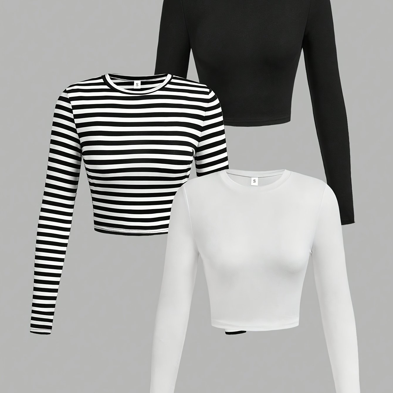 TEMU Ensemble Trois Pièces Femme - Haut à Manches Longues Col Rond Slim Fit Décontracté et Sexy avec Sous-Vêtements