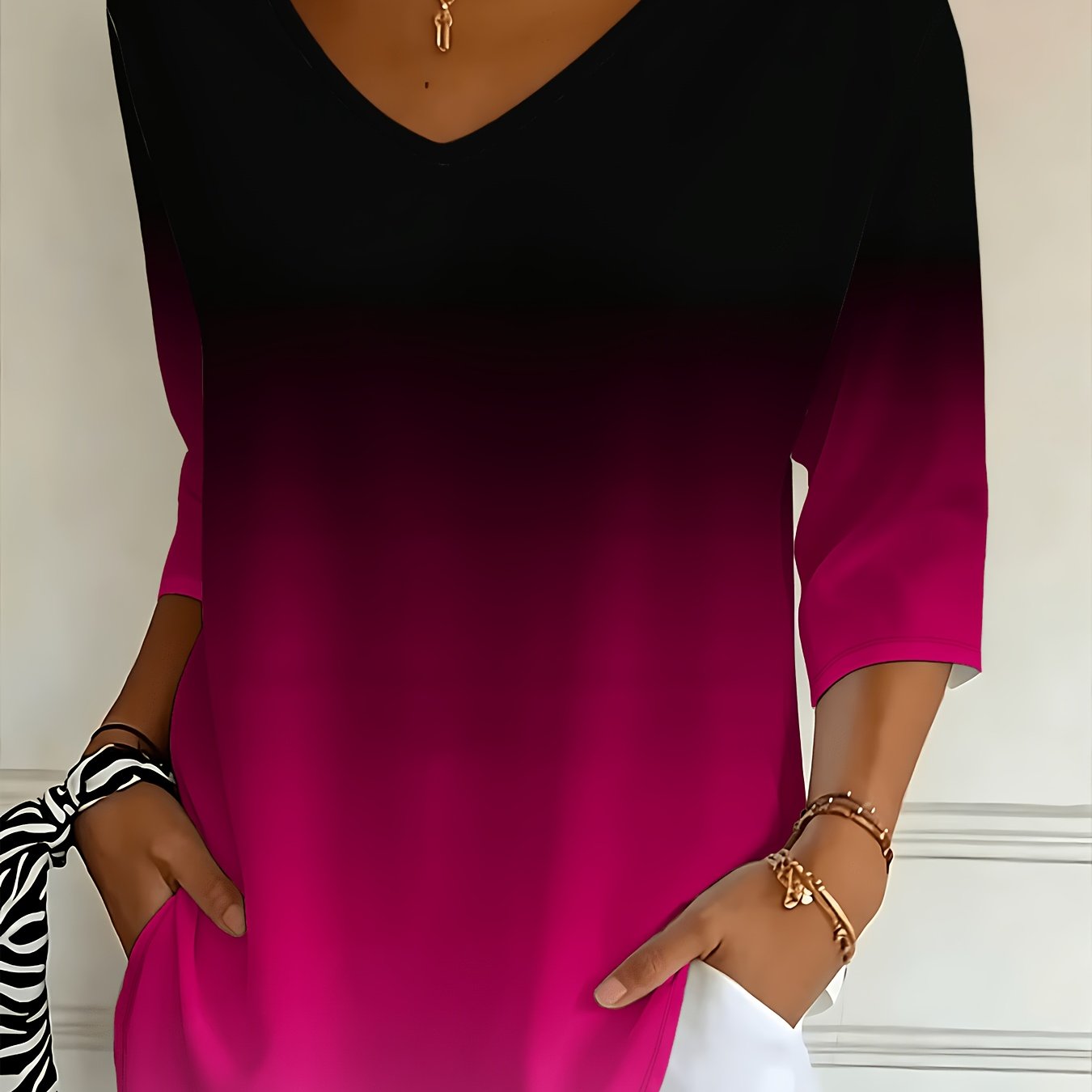 TEMU Gradient V-neck Three-quarter Sleeve Loose Top, Women's Casual -shirt, Fashionable Versatile Base Layer