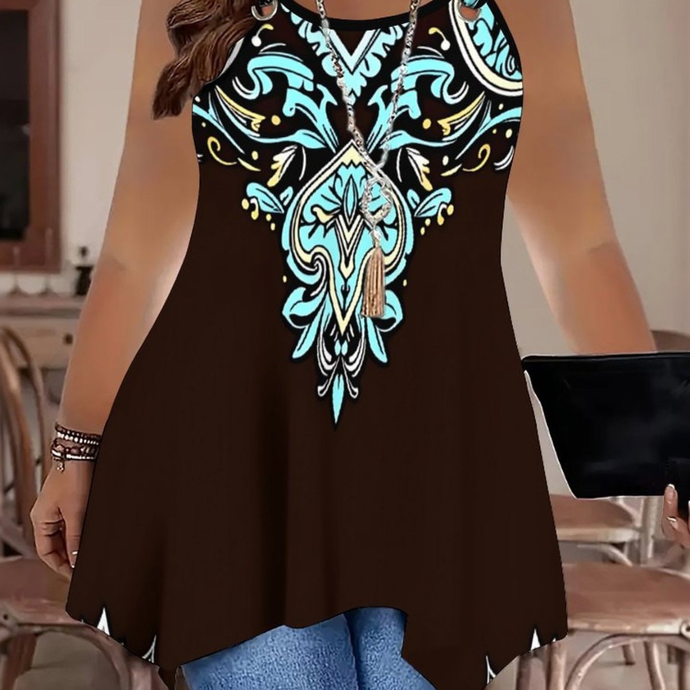 Plus Size, Elegant Women's Plus-size Double-ring Irregular Hem Vest, Plus-size Tank Top, Digital Floral Geometric Print Vacation Clothing