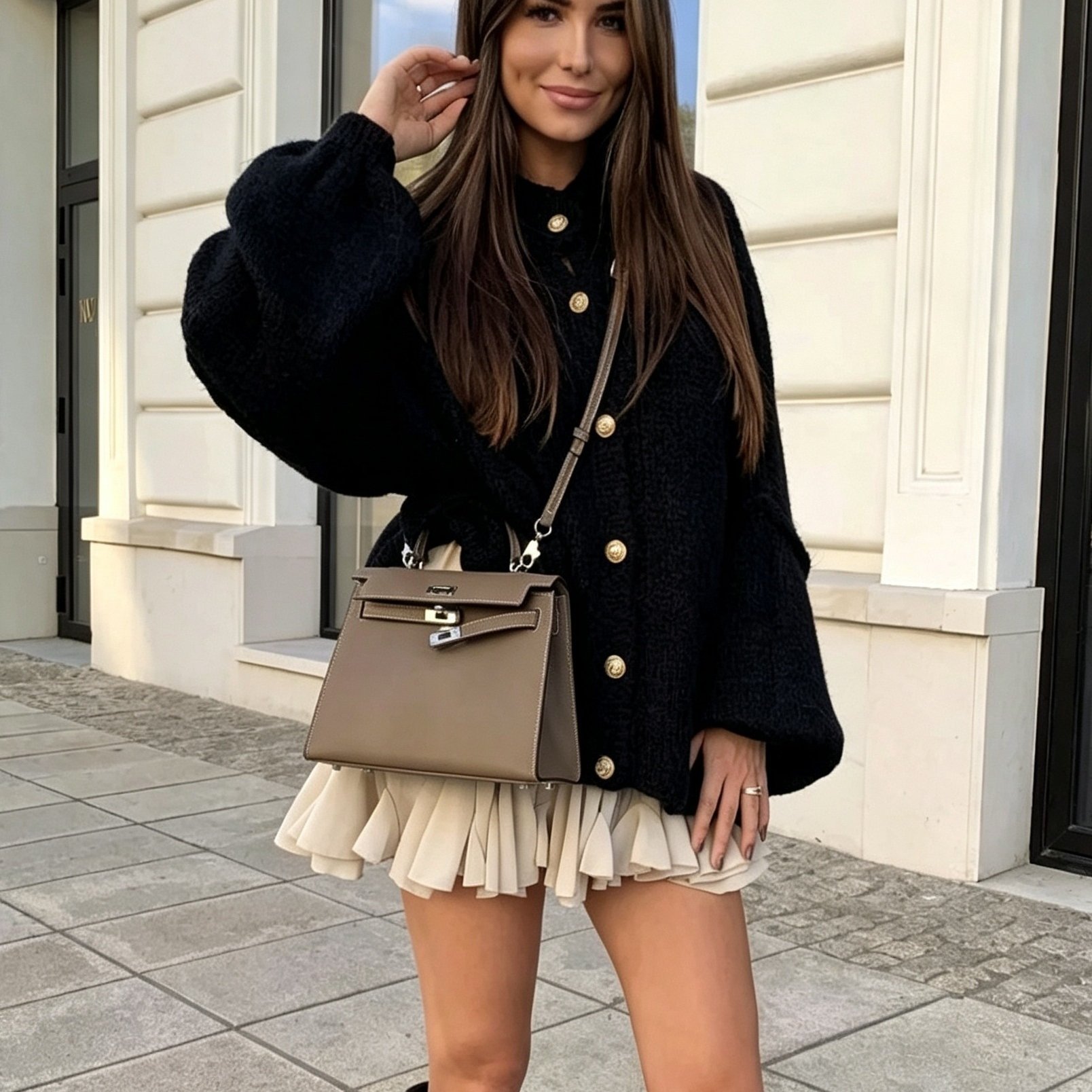 TEMU ASD1 Cardigan Épais Femme Automne Hiver Bouton Doré, Veste Pull Longue Lantern à Manches Longues , Tenue Décontractée Shopping Loisirs
