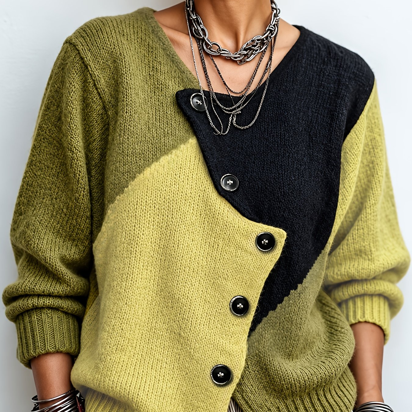 TEMU Plus Size - Herfst Winter Nieuwe Dames Contrast Kleur Patchwork Lange Mouw Vest Jas Top Ronde Hals Asymmetrische Schuine Kraag Design Losse Mode