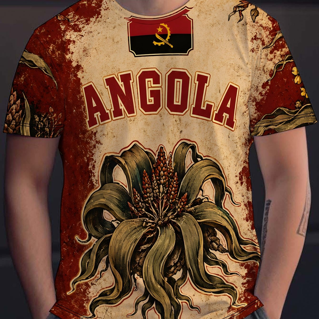 TEMU Angola Heritage Bloom Men's Casual Graphic Print Short Sleeve T-shirt, Round Neck, Comfortable & Breathable, Fashionable For Summer Beach,