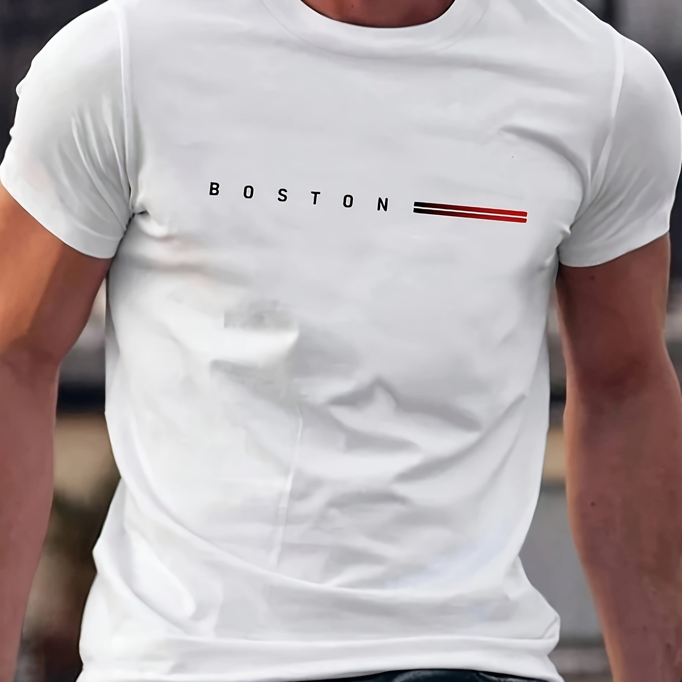 Image of 100% C 210g Men's Casual T-shirt - Made From Soft And Comfortable Fabric With 'boston' Lettering, Featuring Short Sleeves And A Round Neck, Wear During Back-to-