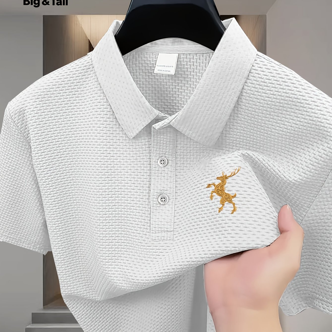 TEMU Plus Size Men's Loose Summer Short Sleeve Shirt, Collared T-shirt, Golf Shirt, Soft Comfortable Breathable Stretch Fabric, Golden Small Deer