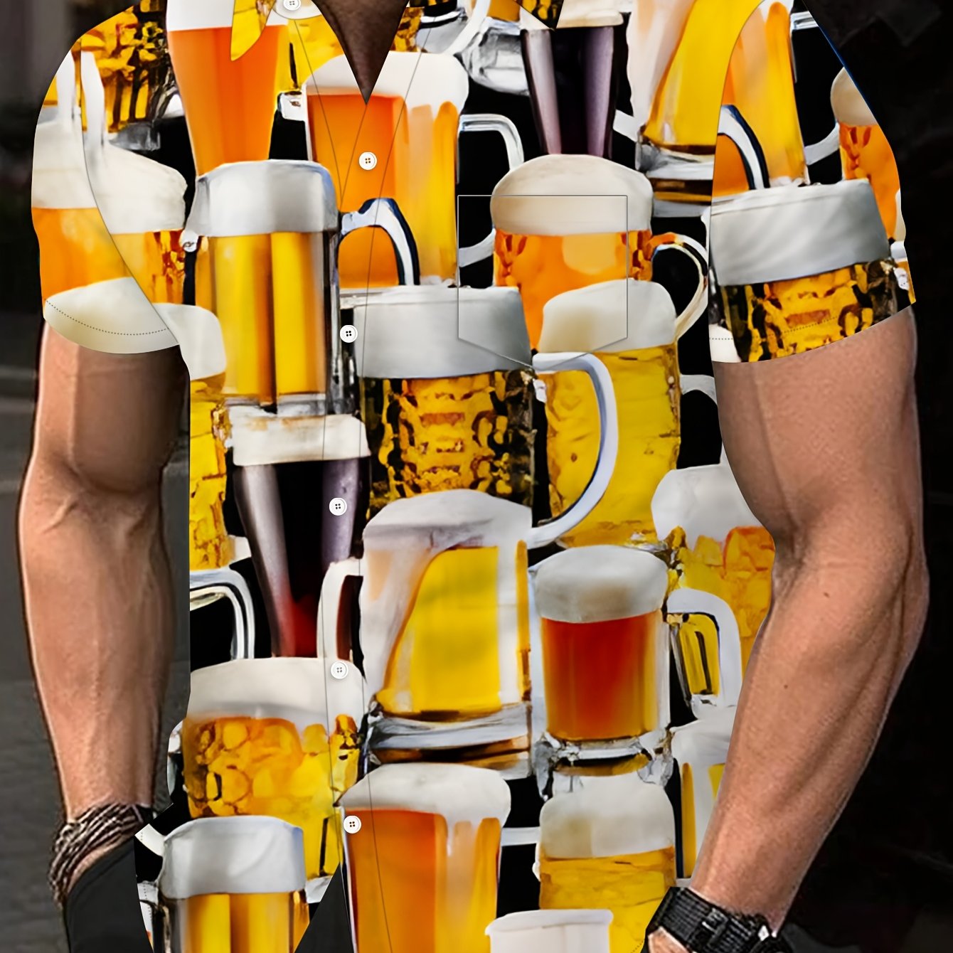 TEMU Plus Size Men's Beer Print Short Sleeve Shirt | Regular Fit, Machine Washable, , With Chest Pocket, Suitable For Beach And Outdoor Activities,