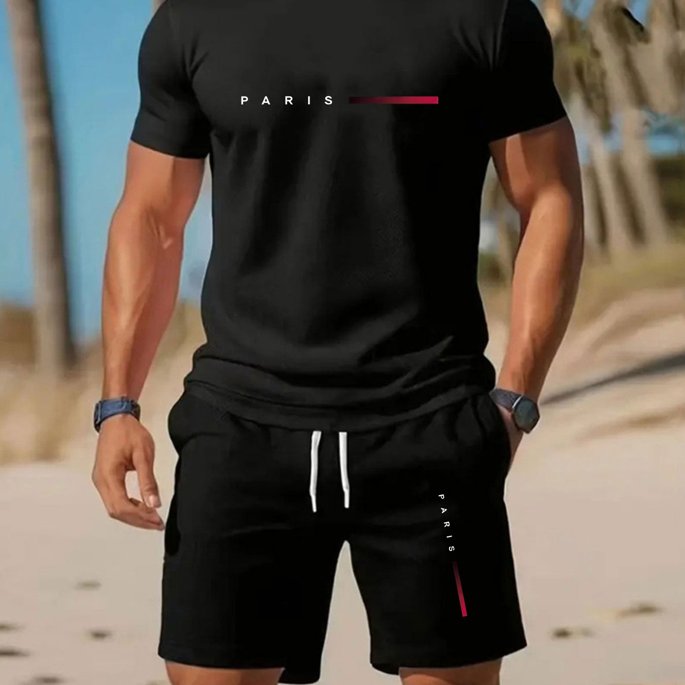 TEMU Gym Workout Men's Summer Paris Letter Sportswear Set, Round Neck Fashion Short Sleeve T-shirt And Shorts 2pcs Set