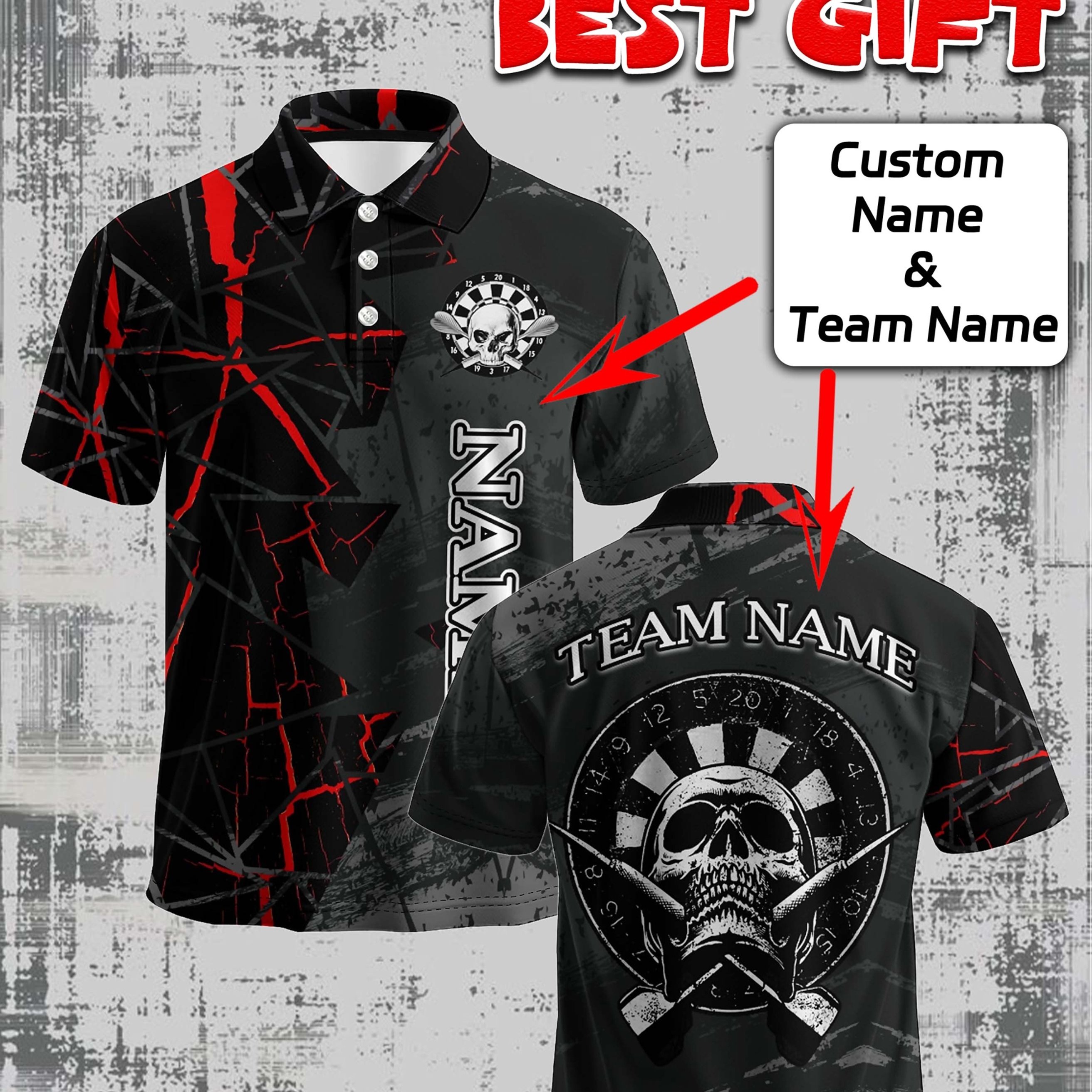 TEMU Personalized Custom Skull Darts Men's Shirt, Support Custom Name And Team Logo, Classic Lapel Short Sleeve With Cool Skull Darts Print, Is The