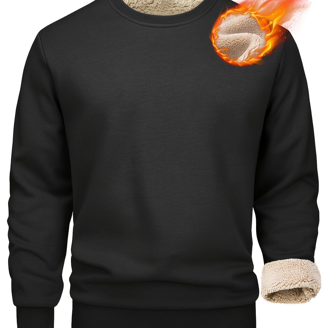 Men's Warm Fleece Lined Sweatshirt, Fleece Pullover Winter Basic Crewneck Top Sweatshirt