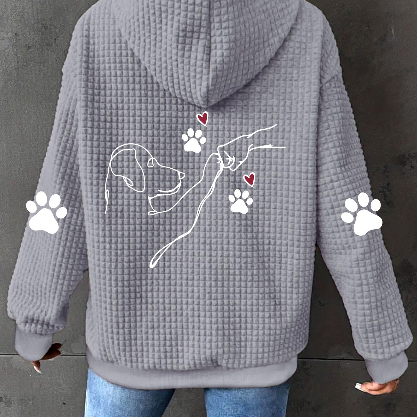 TEMU Cute Pattern Print, Women's Casual Waffle Zipper Hooded Sweatshirt With Drawstring - Fiber, Machine Washable, Geometric Pattern