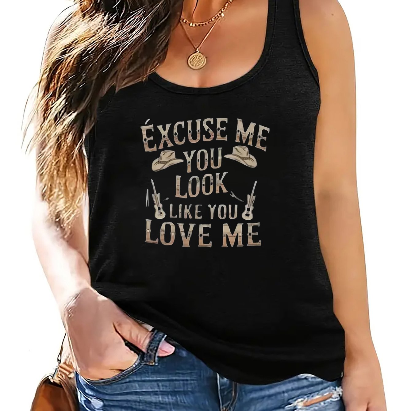 TEMU Western Style Slogan Women's Top, Fun Text Showcasing Women's And Outdoor Versatile Sleeveless Vest