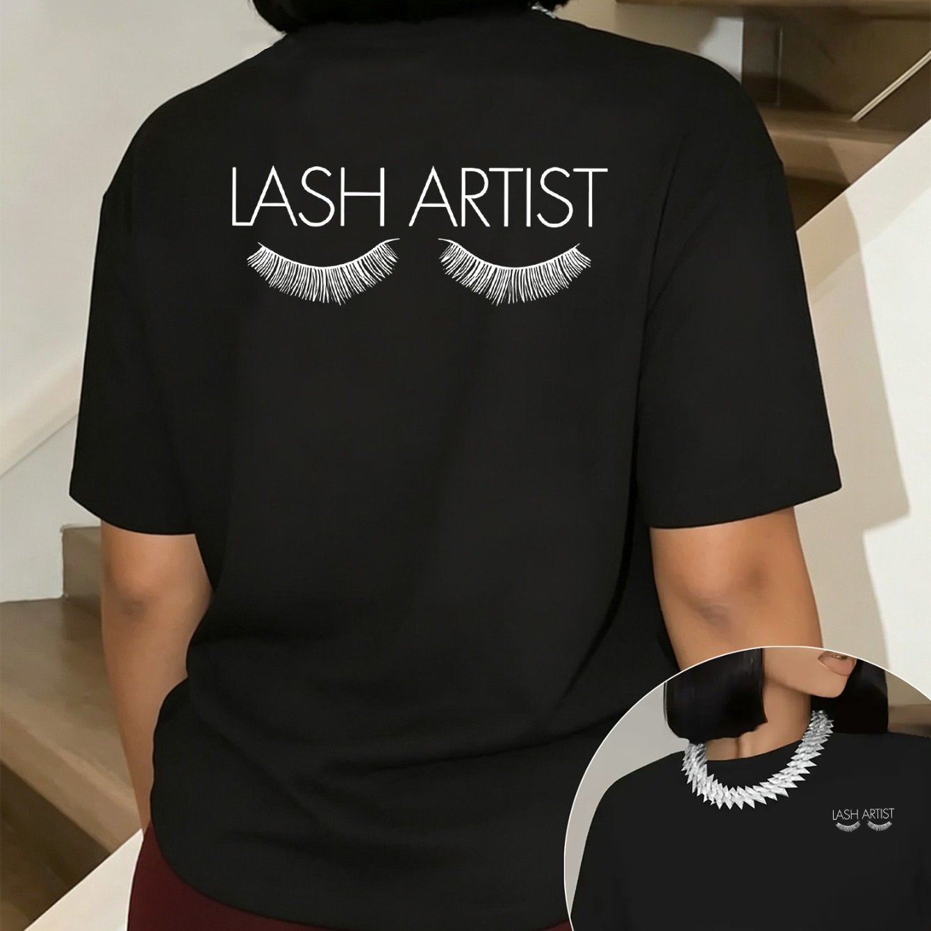 TEMU Women' Back Print T-shirt With Eyelash Graphic - Stretch Round Neck Short Sleeve Blouse Suitable For Daily Wear, Work, Lash Technician Outfits -