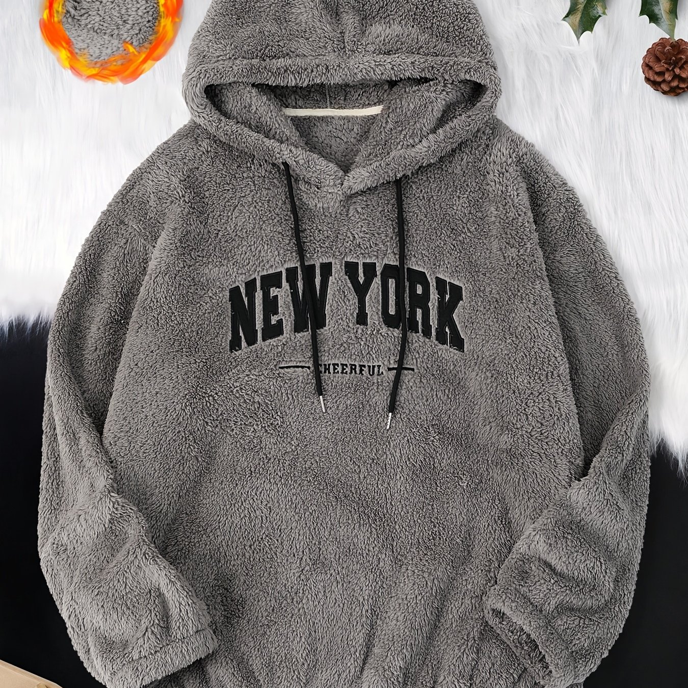 Image of Loose Fit Men's Cozy Warm Fleece Hoodie With Drop Shoulder And Embroidered Letters "", Back To School For Winter/fall