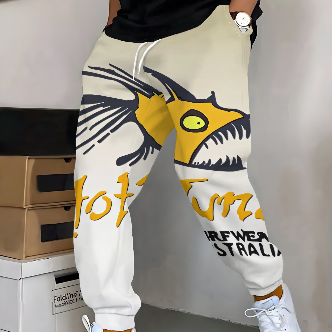 TEMU Men's Fashionable Printed Sports Pants, Australian Surf Wear With Logo, Featuring Drawstring And Pockets, Stylish Long Pants, Casual And