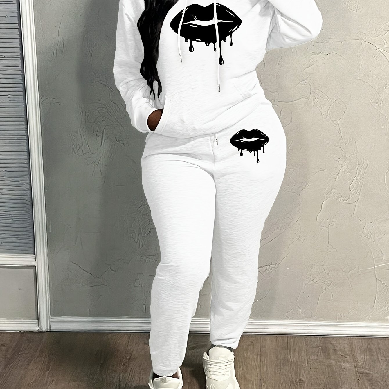 TEMU Women's Fashion Two-piece Suit, Letter Print Hoodie And Pants, Casual Loose Version, Polyester, Design With Pockets, Autumn And