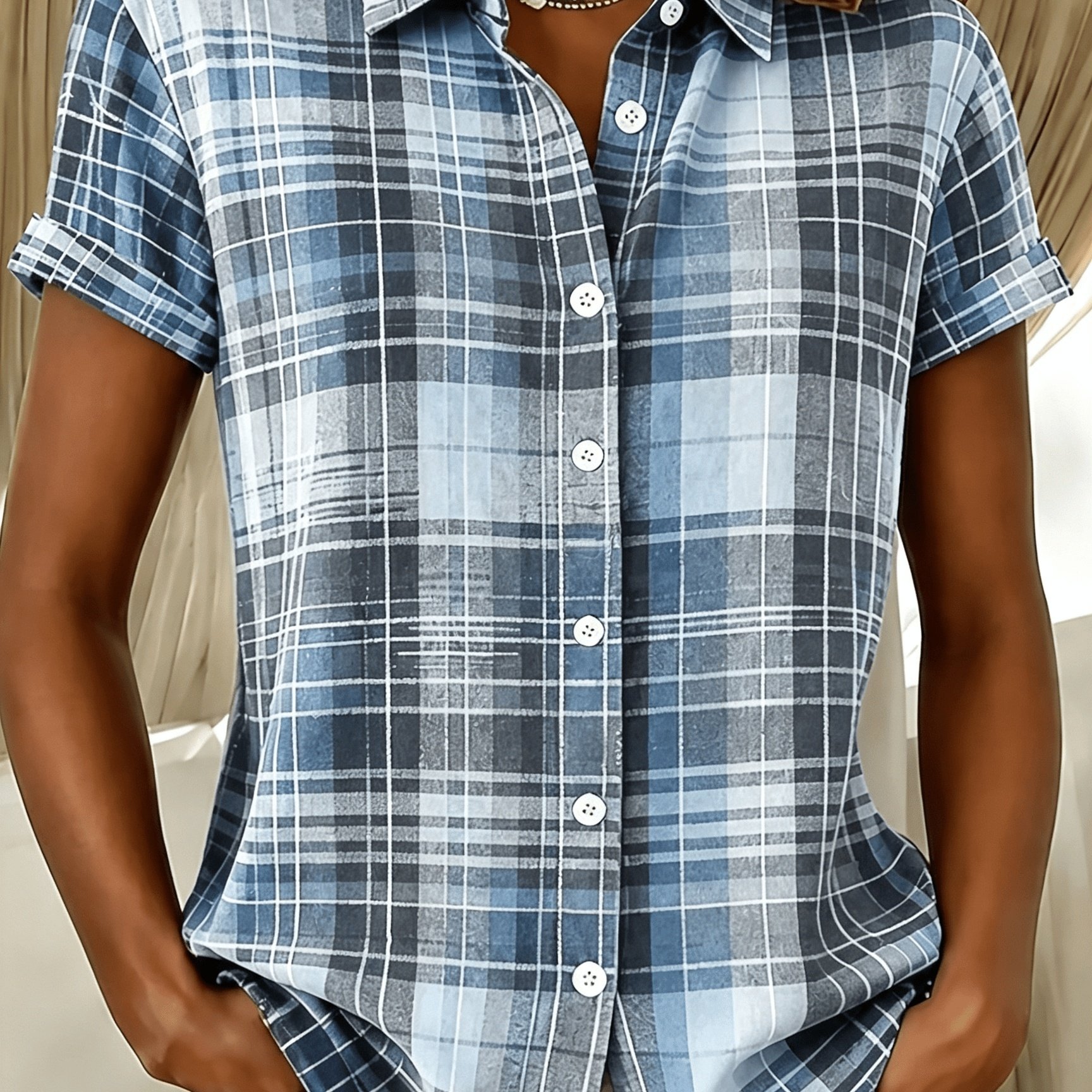 TEMU Vintage Color-block Gray-blue Short-sleeve Shirt For Women, Loose Lapel Blouse, Versatile Top For Commuting And Casual Wear
