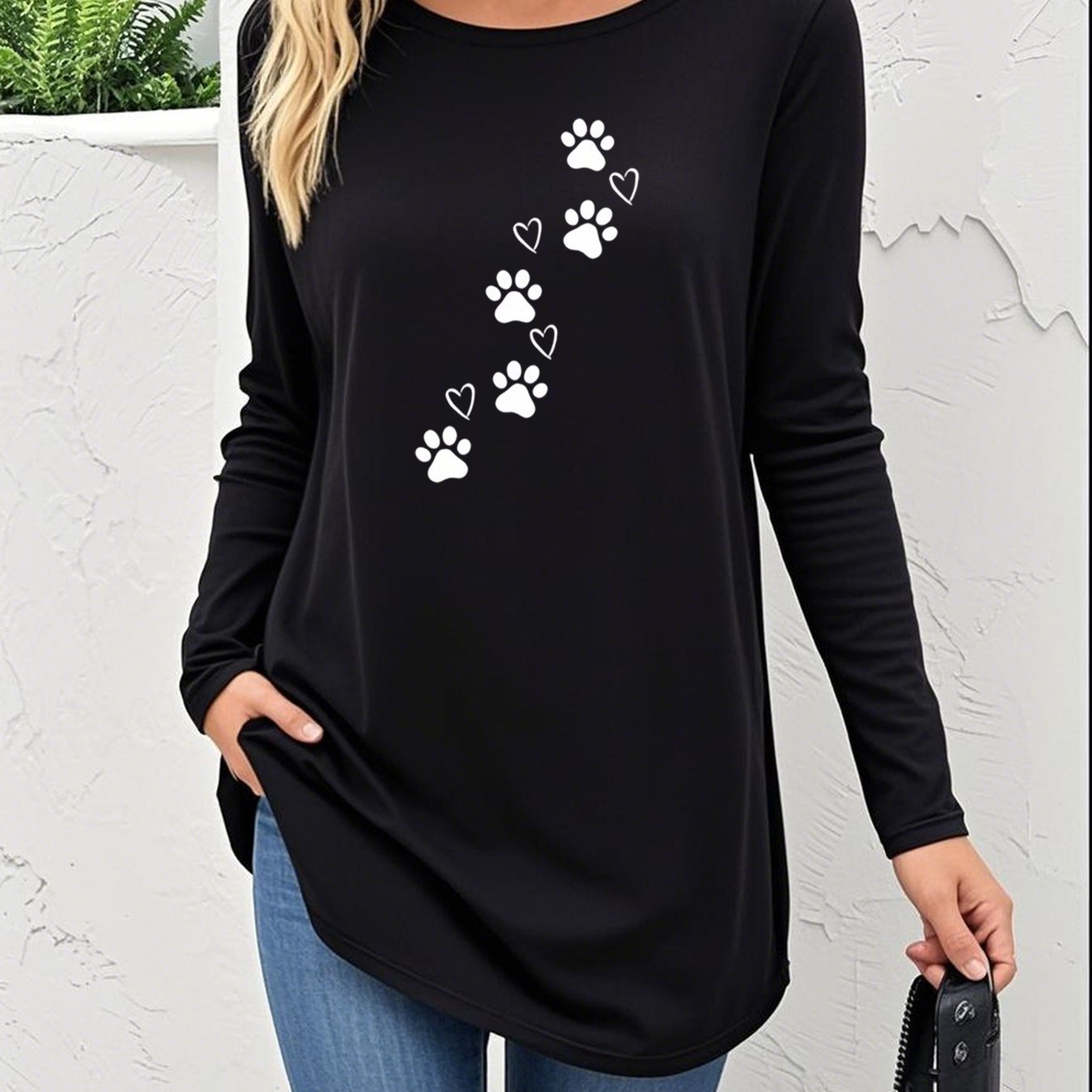 TEMU New Autumn/winter Women's Long-sleeve T-shirt With Cute Paw Print Pattern, Round Neck, Longline Top, Soft, Comfortable, Stylish, And Versatile